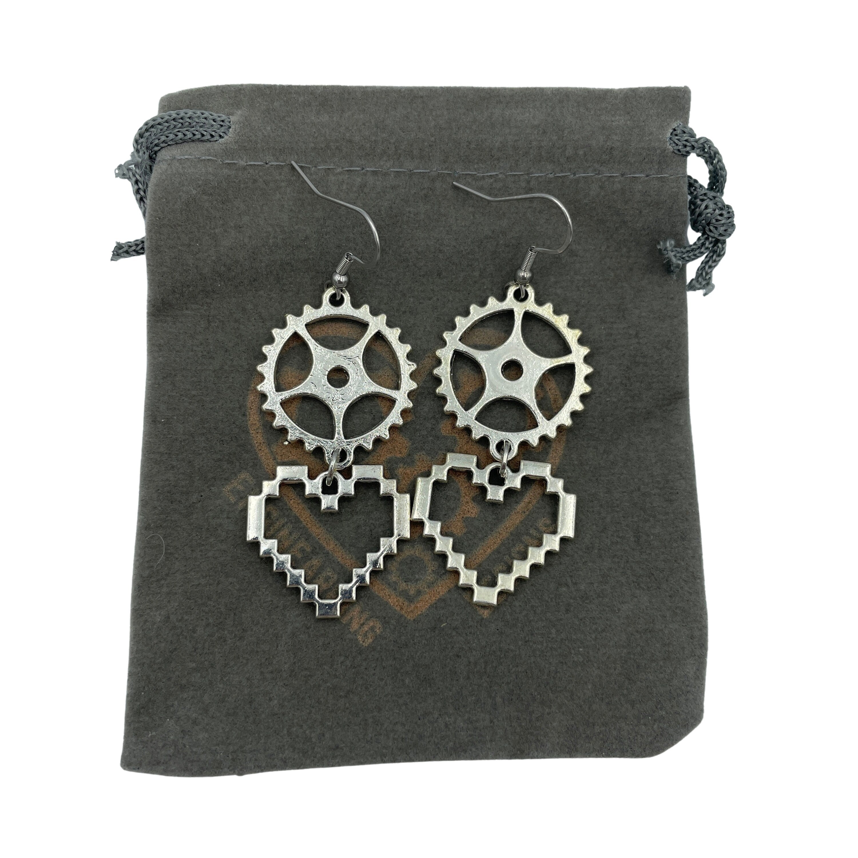 Engineering Cog and Heart Earrings. Steampunk Silver Dangle Statement Earrings