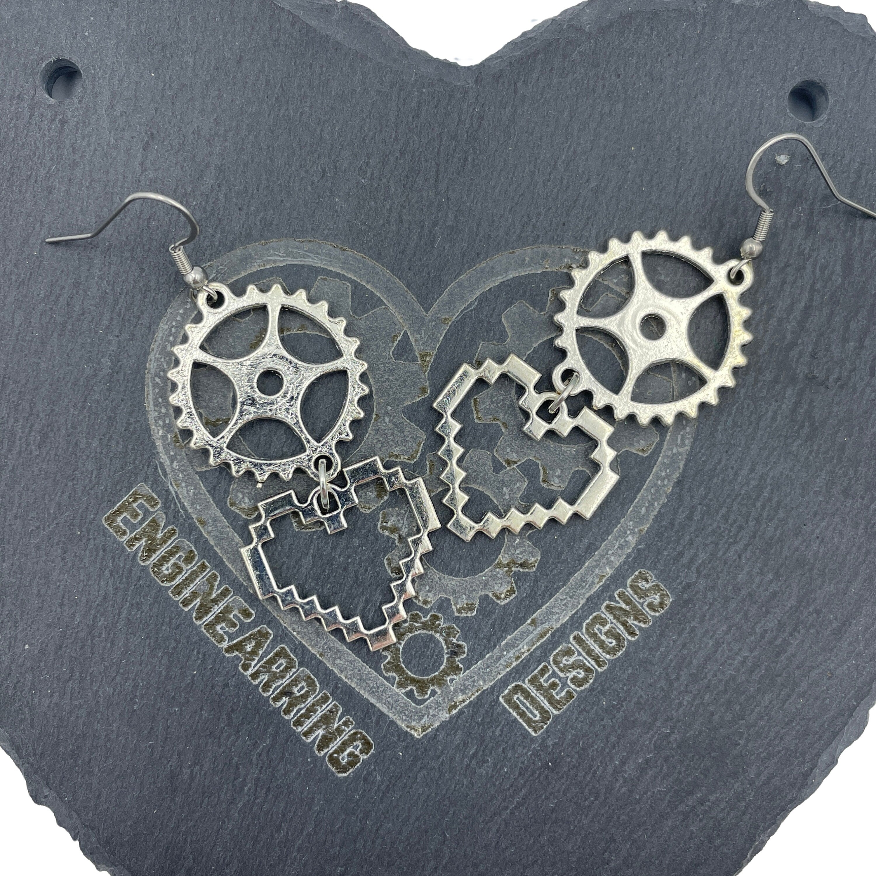 Engineering Cog and Heart Earrings. Steampunk Silver Dangle Statement Earrings