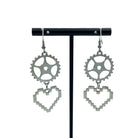 Engineering Cog and Heart Earrings. Steampunk Silver Dangle Statement Earrings