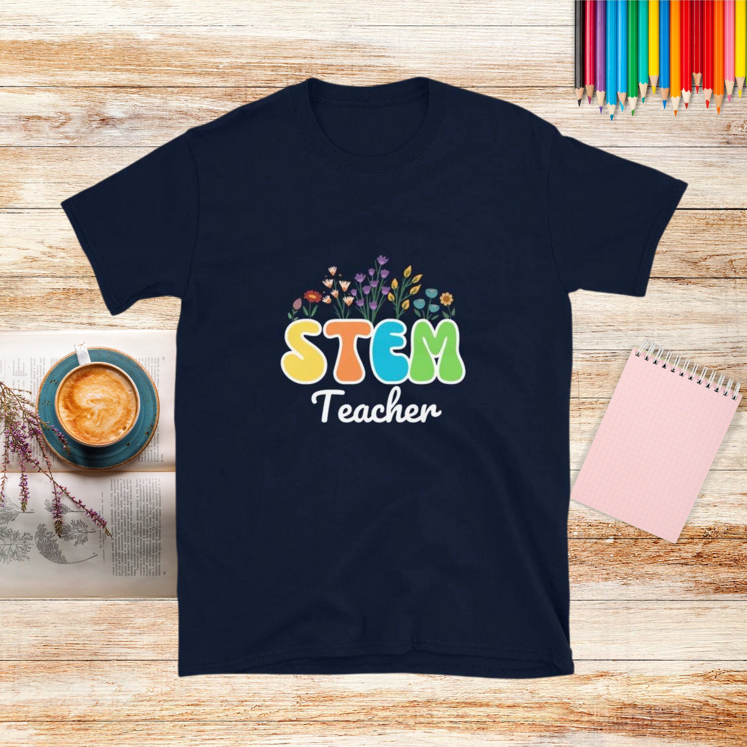 Retro Wildflowers STEM Teacher T-shirt. Science Technology Teacher Gift Navy