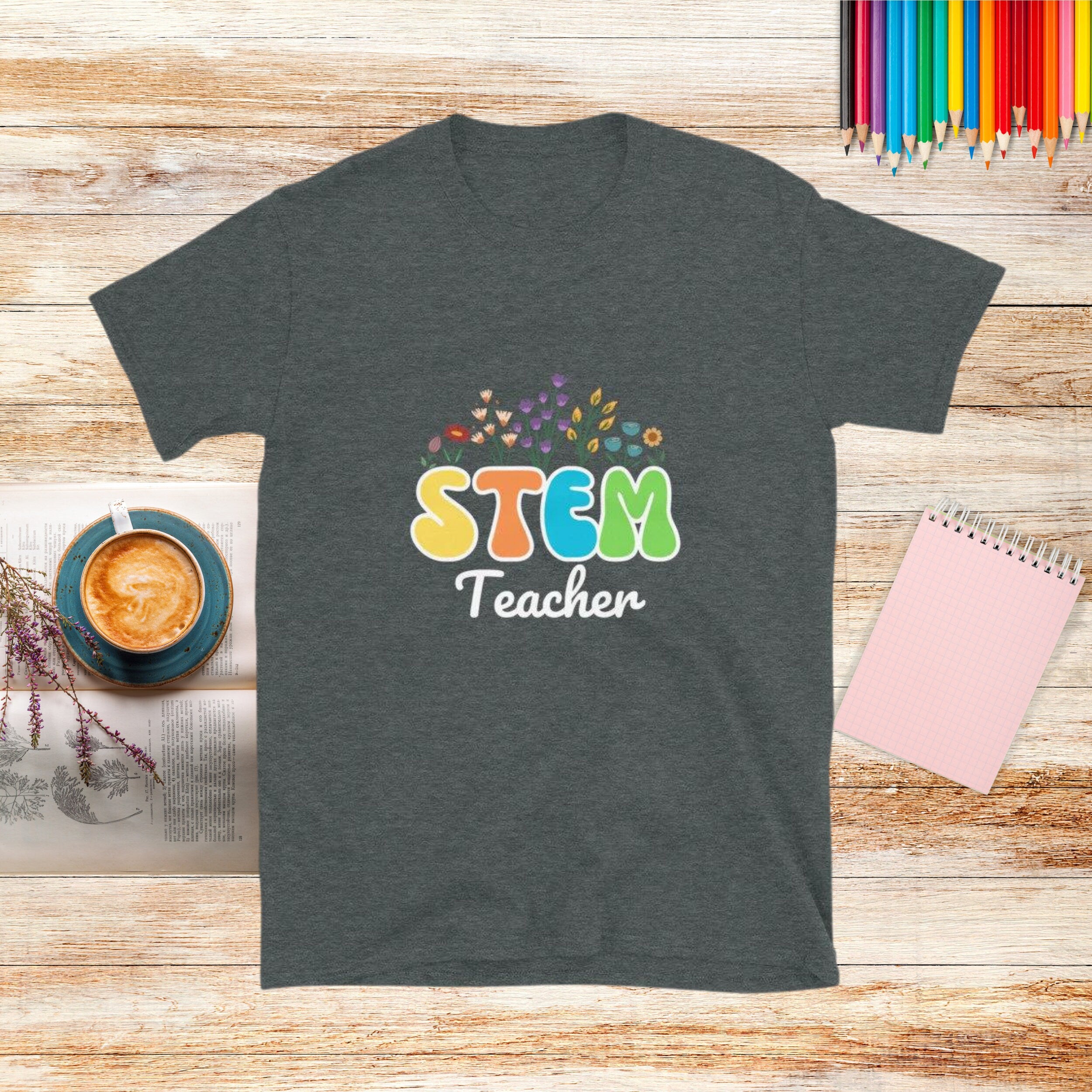 Retro Wildflowers STEM Teacher T-shirt. Science Technology Teacher Gift Dark Heather