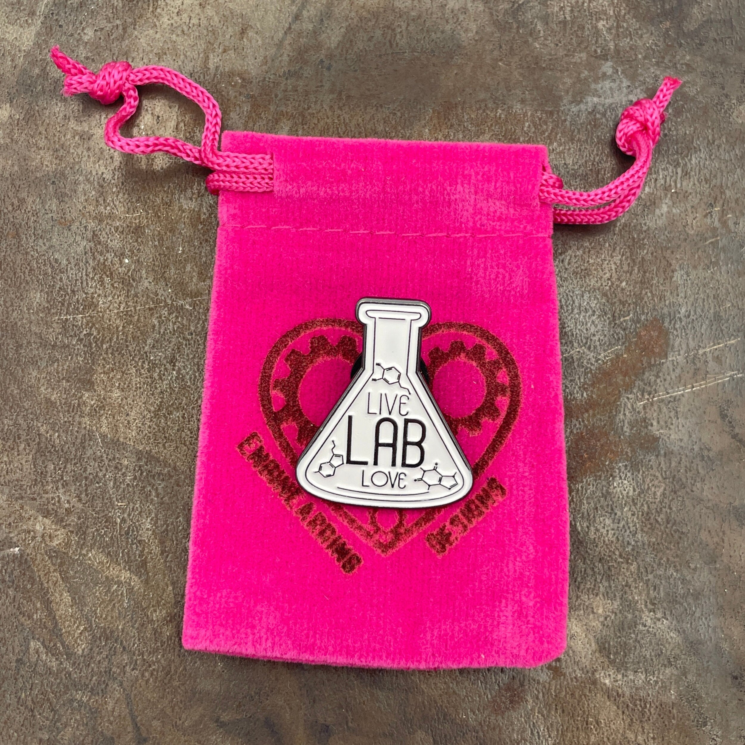 Science Enamel Pin. Live, Lab, Love Badge