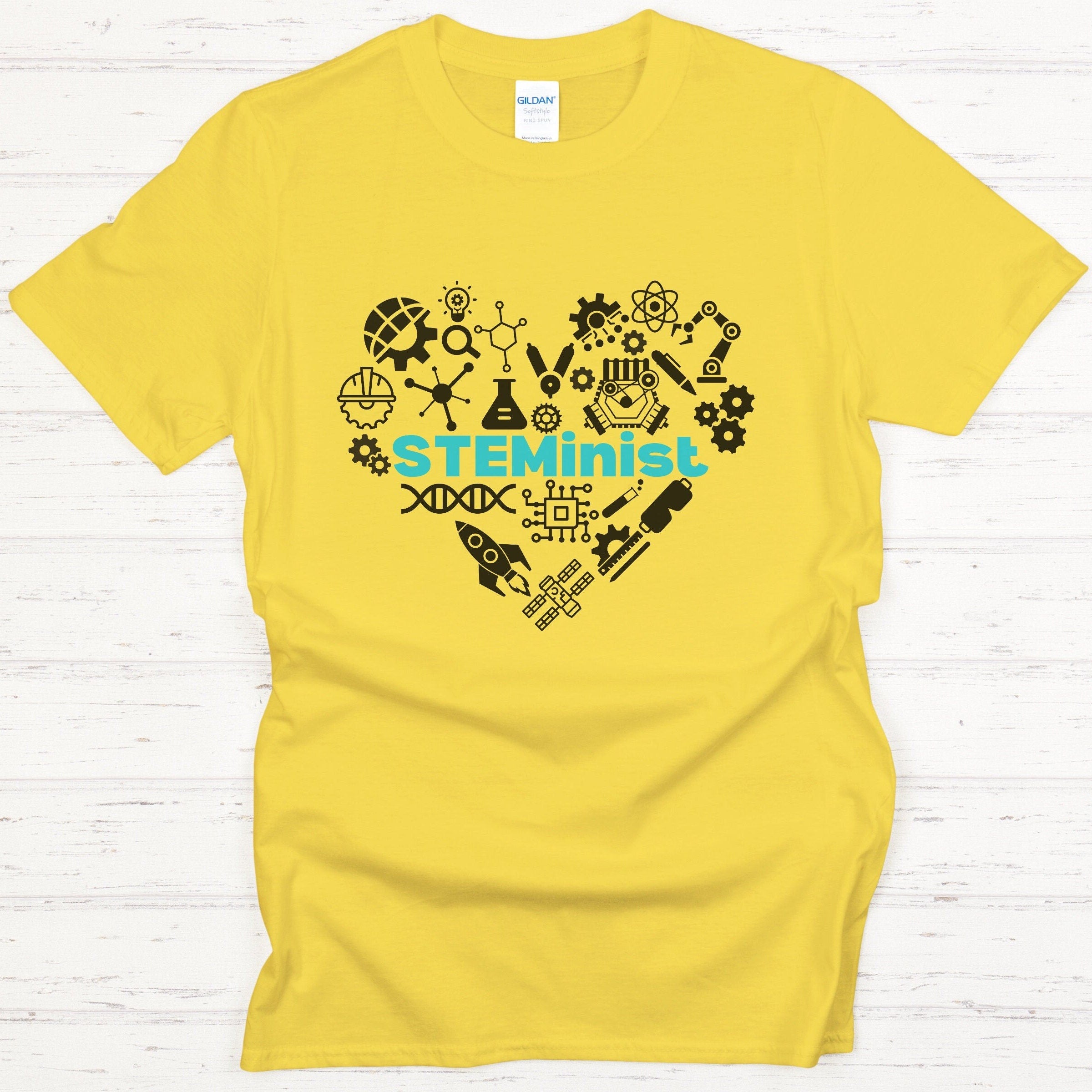 Graphic STEMinist Heart T-shirt. Women in STEM Science, Engineering, Tech and Math Daisy