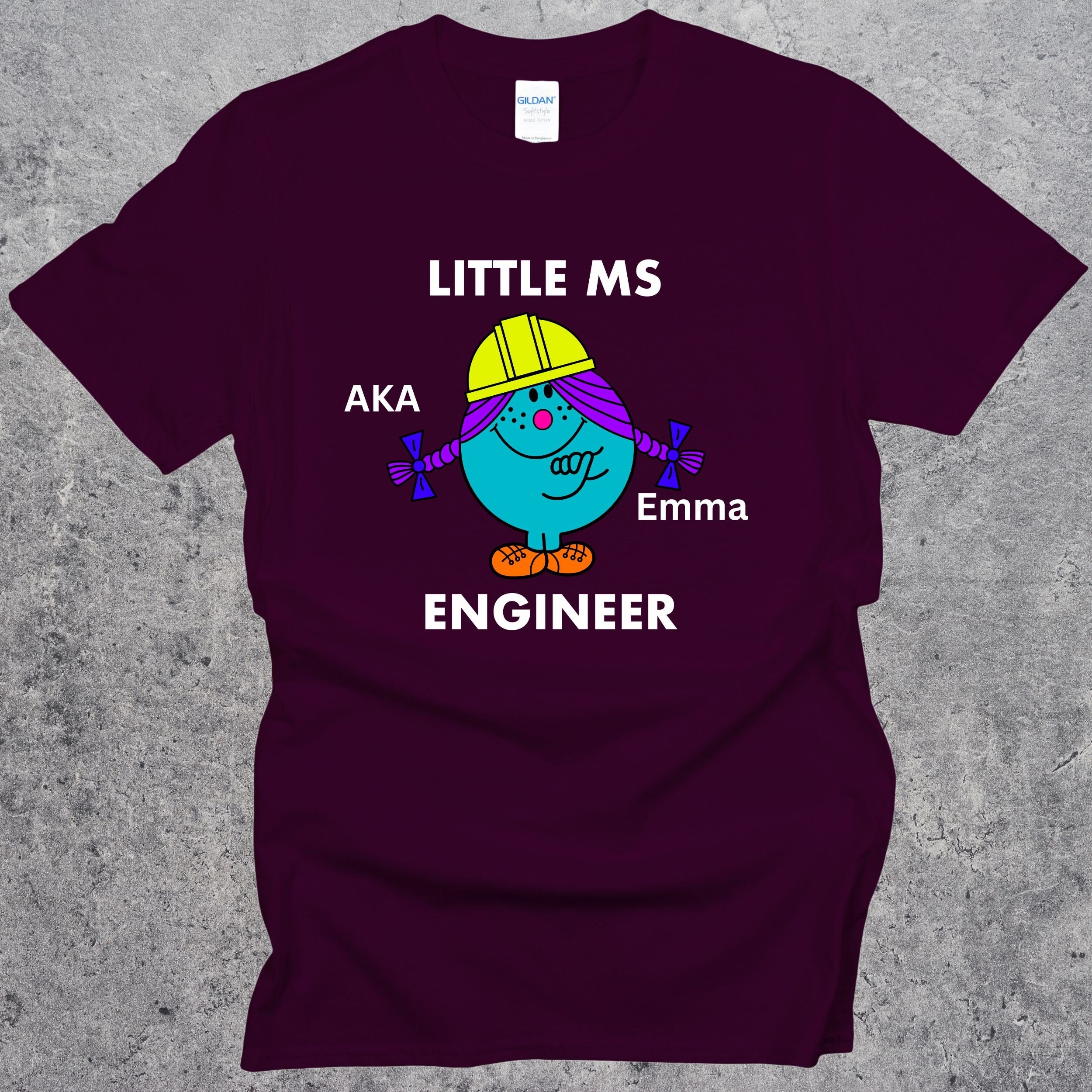 Personalised Ms Engineer T-shirt. Relaxed fit Women in Engineering Top Maroon