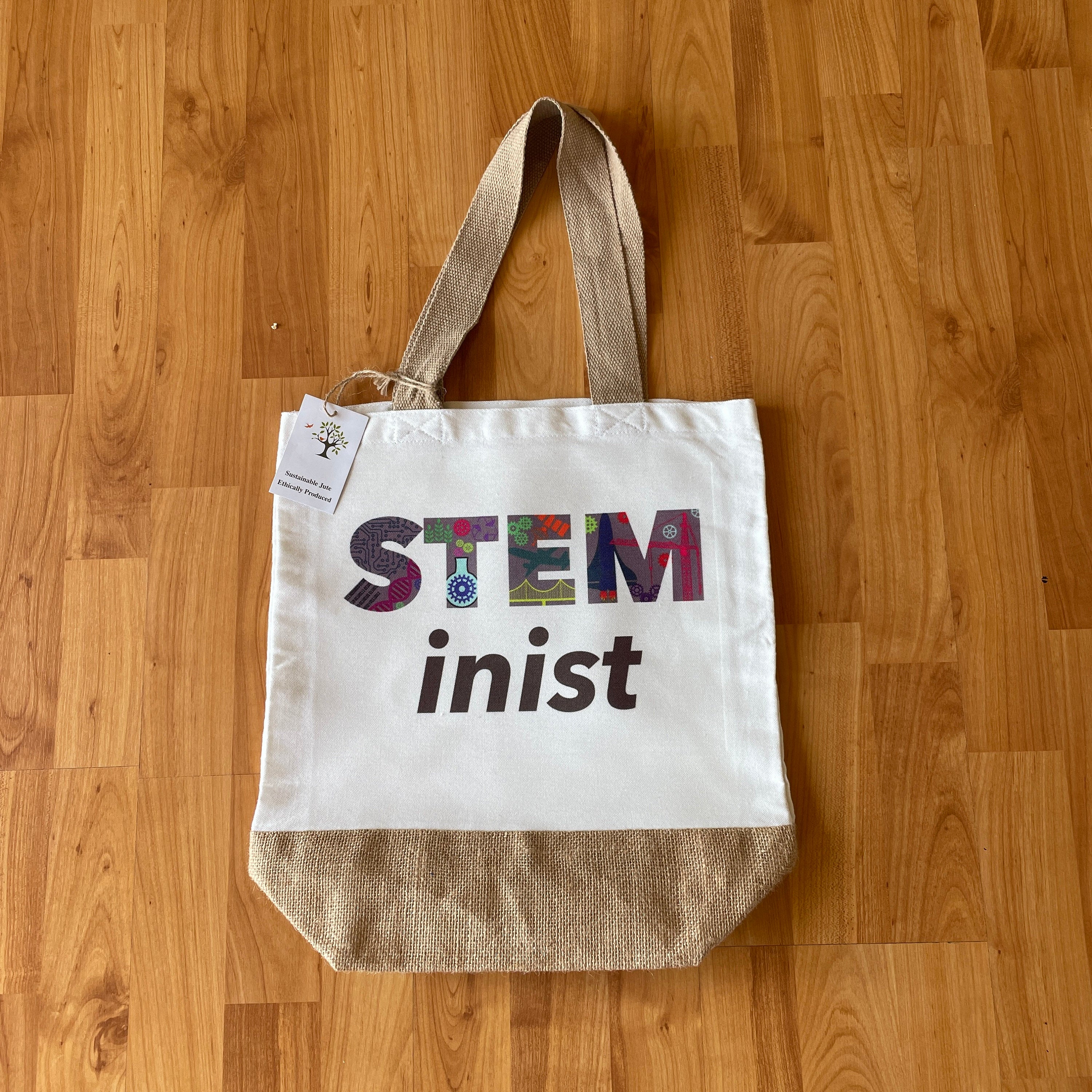 Personalised STEMinist Ethically Produced Thick Woven Jute Tote Bag