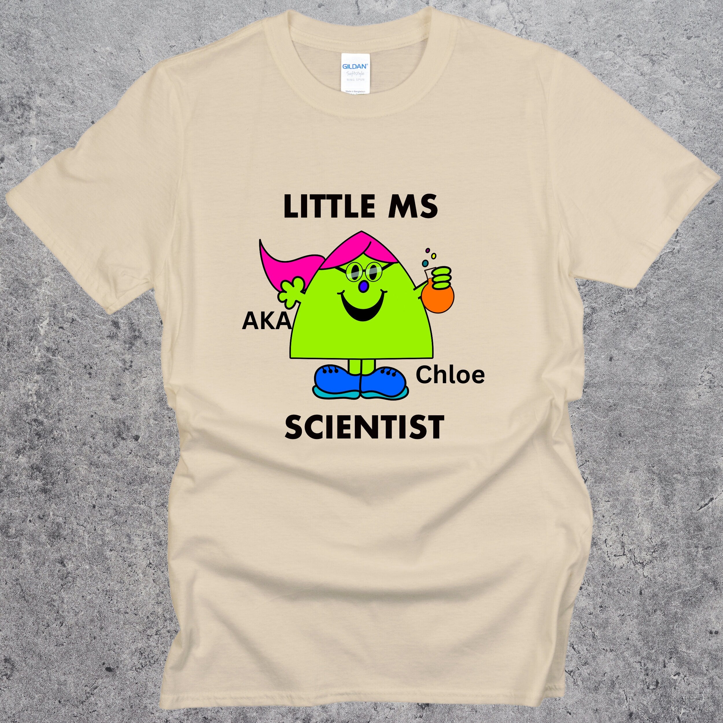 Personalised Ms Scientist T-shirt. Relaxed fit Women in Science Top Sand