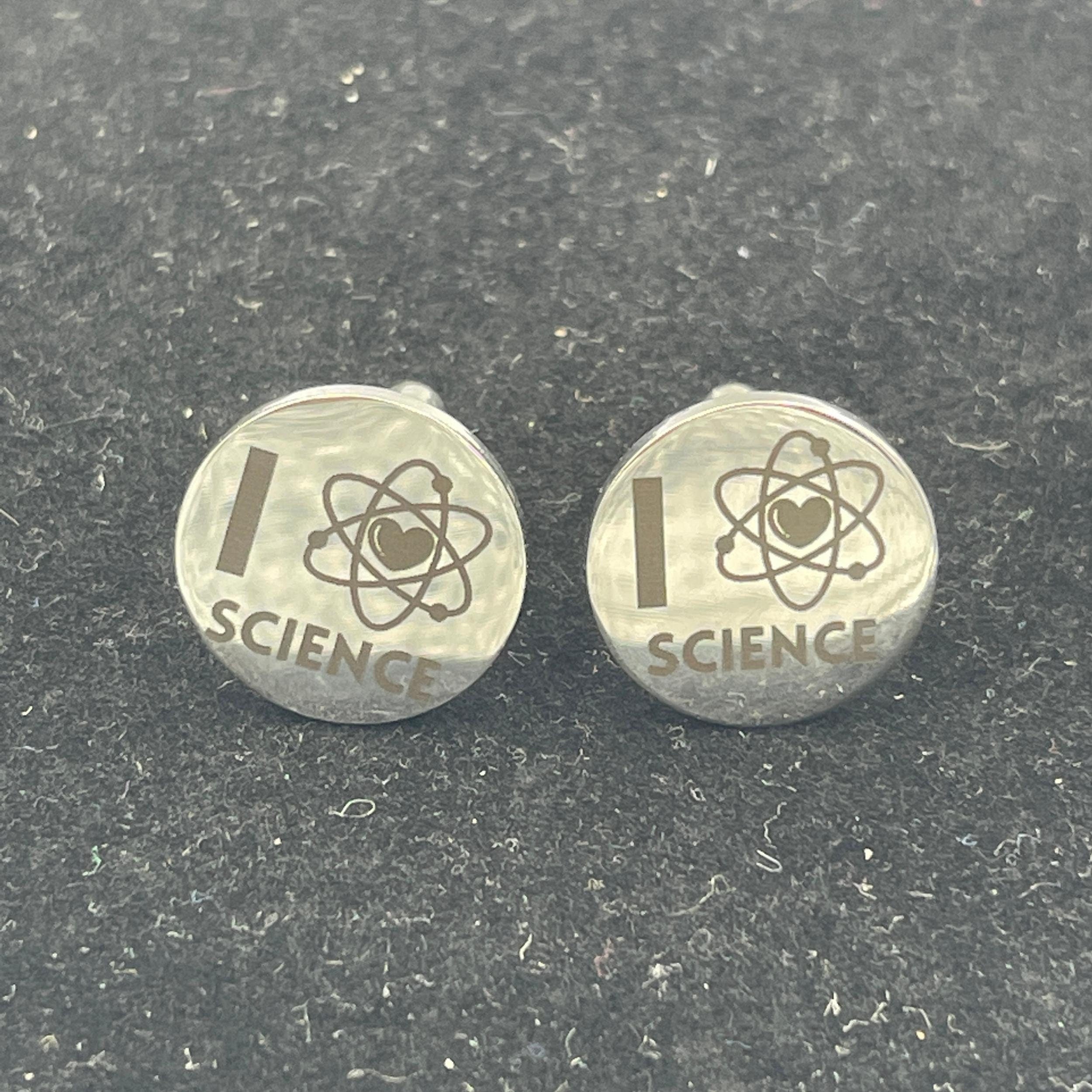 Engraved Science Cufflinks. Stainless Steel I Love Science Atom cuff links