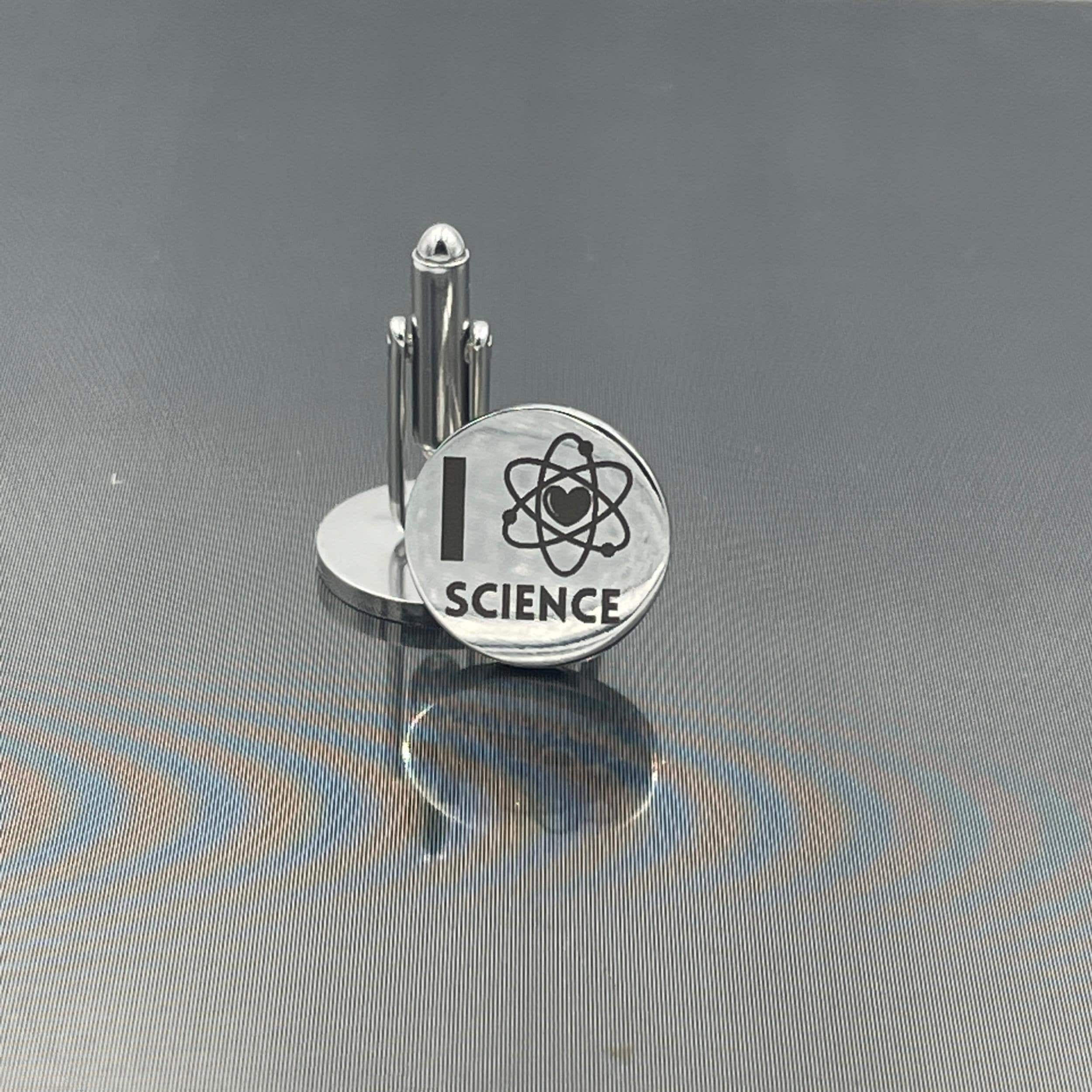 Engraved Science Cufflinks. Stainless Steel I Love Science Atom cuff links