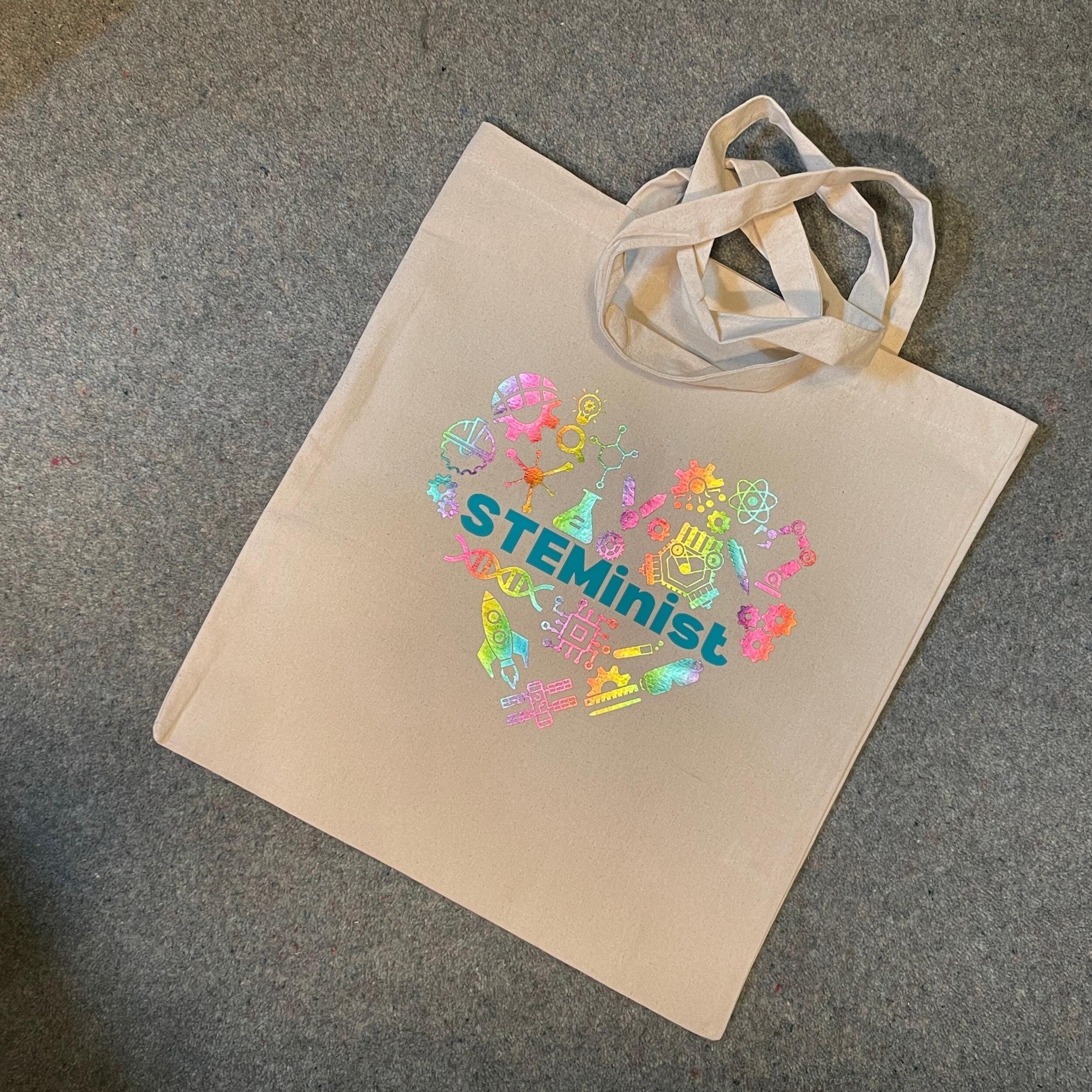 STEMinist Tote Bag. Thick woven metallic rainbow shopper. Science & Engineering Home Accessories. STEM Inspiration Office Gift.