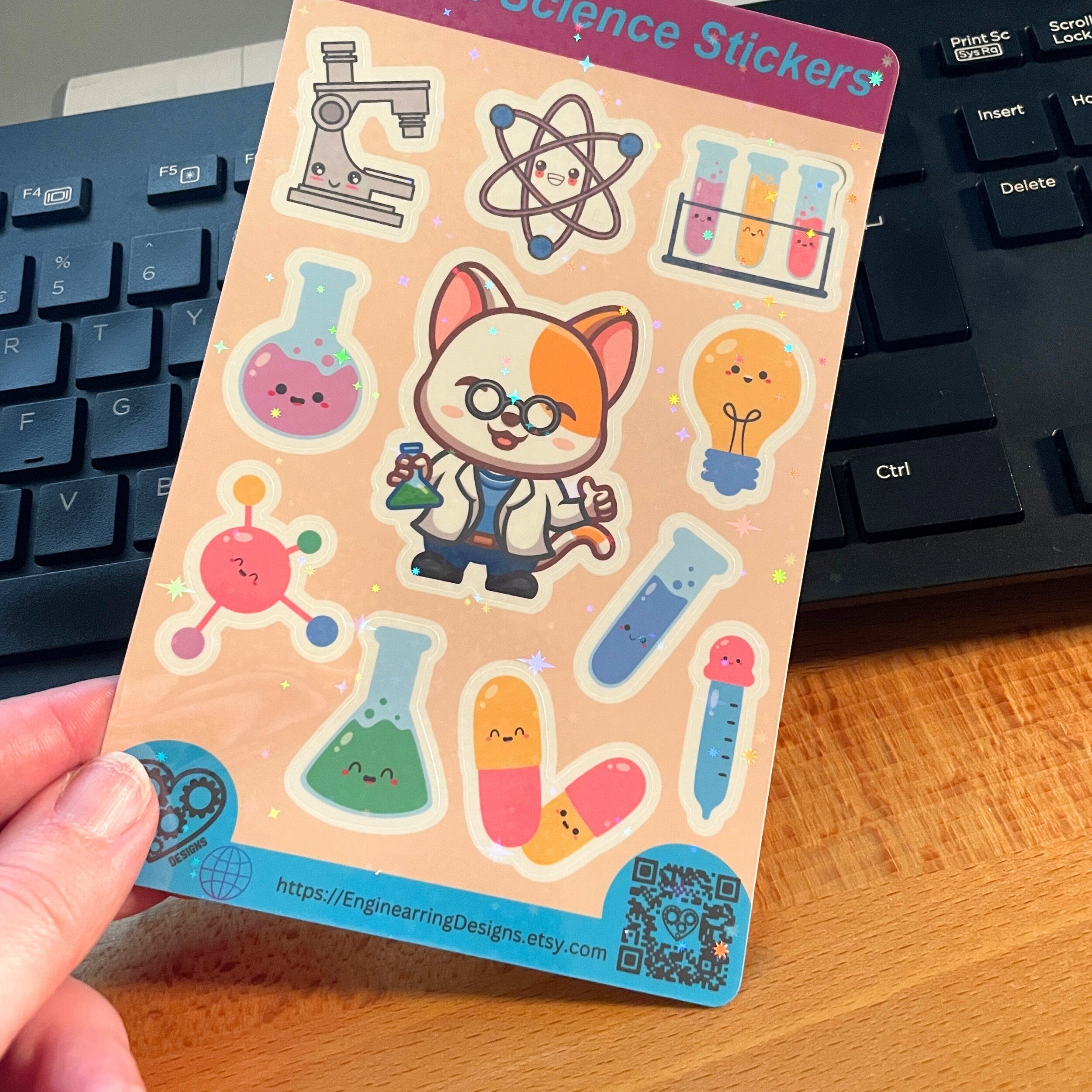 Kawaii Holographic Science Sticker Sheet. Cute Scientist decals