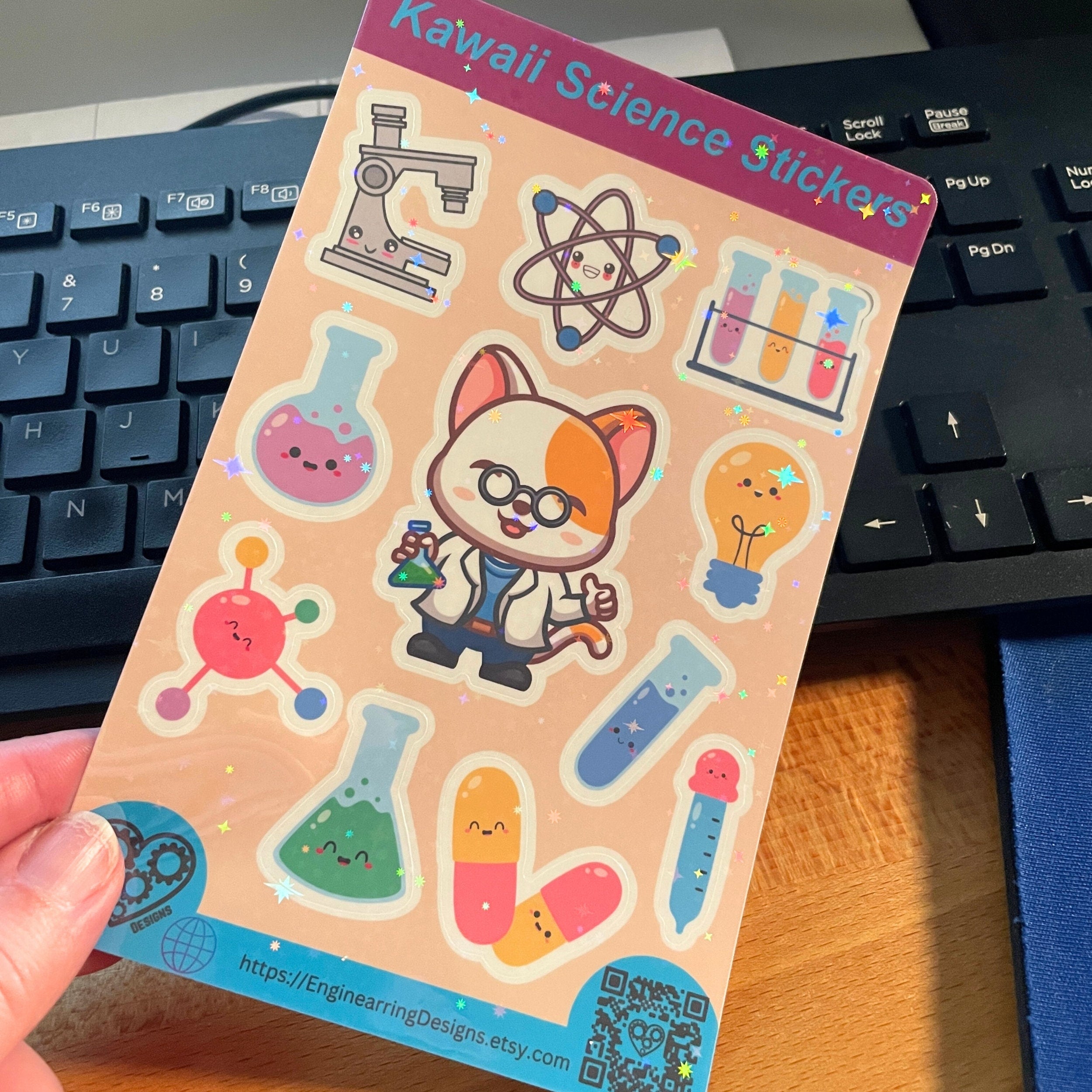 Kawaii Holographic Science Sticker Sheet. Cute Scientist decals