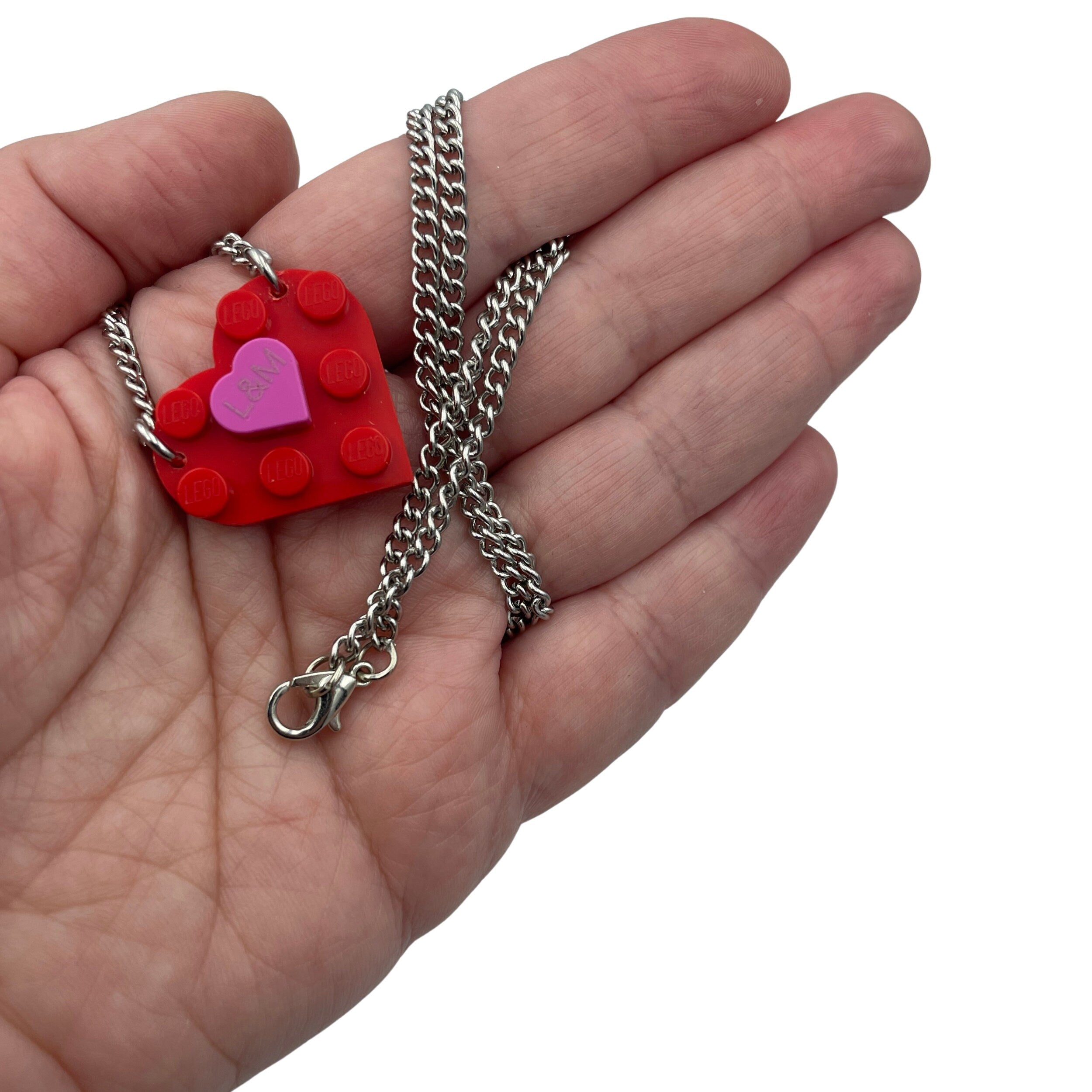 Personalised Heart necklace made with upcycled LEGO® on Curb Chain. Pink or Red with Mini Engraved Heart