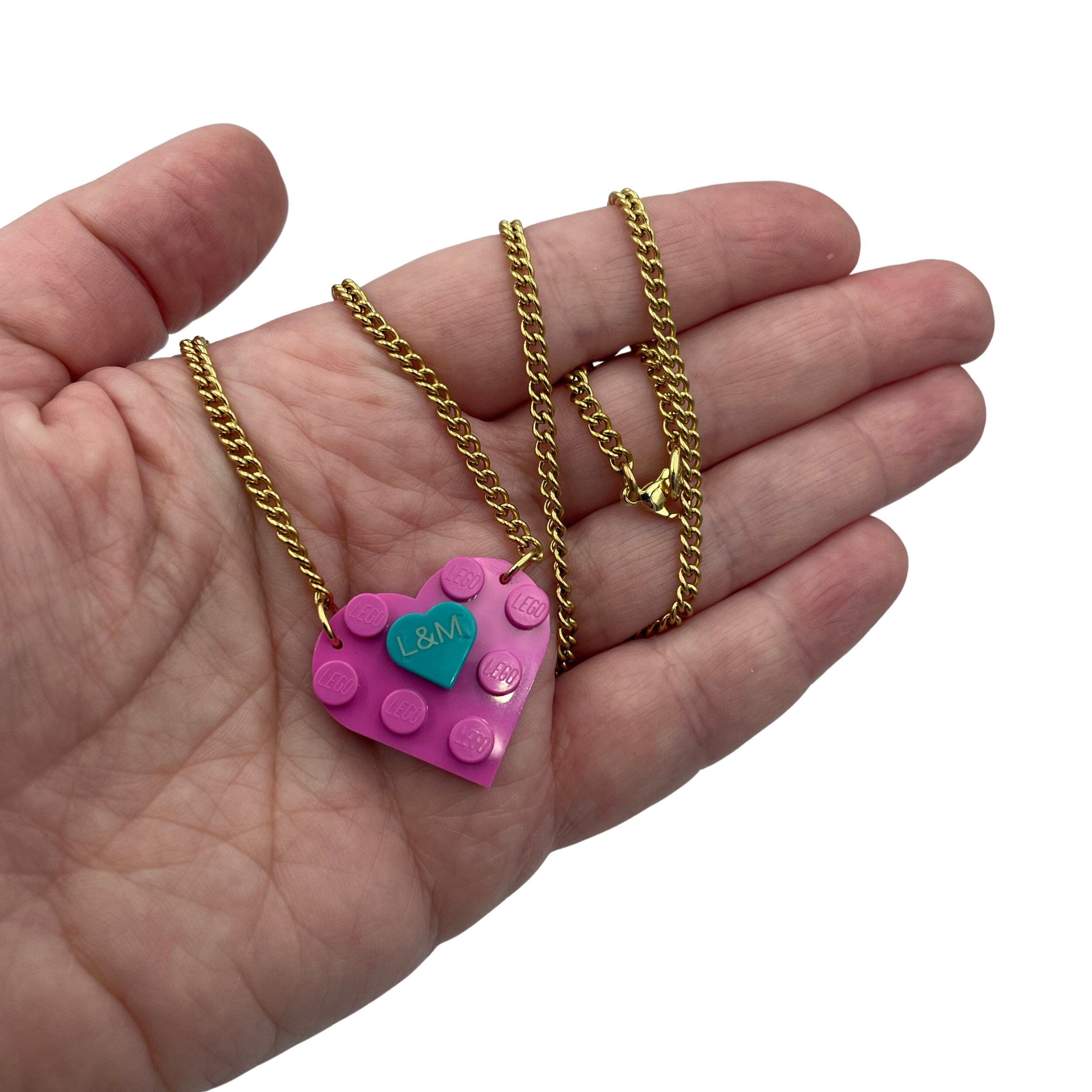 Personalised Heart necklace made with upcycled LEGO® on Curb Chain. Pink or Red with Mini Engraved Heart