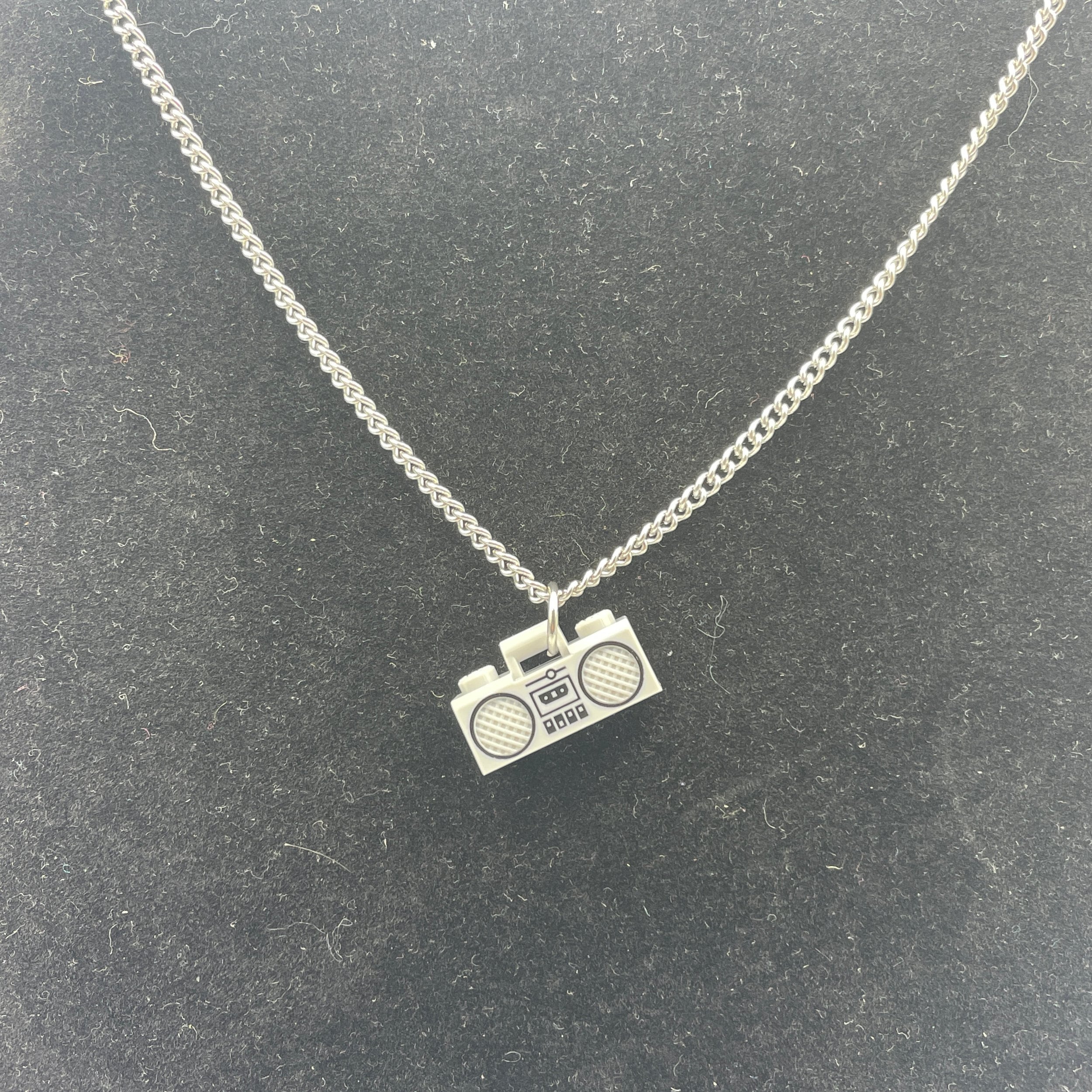 Grey Boombox Pendant on Silver Chain Necklace made with upcycled LEGO®