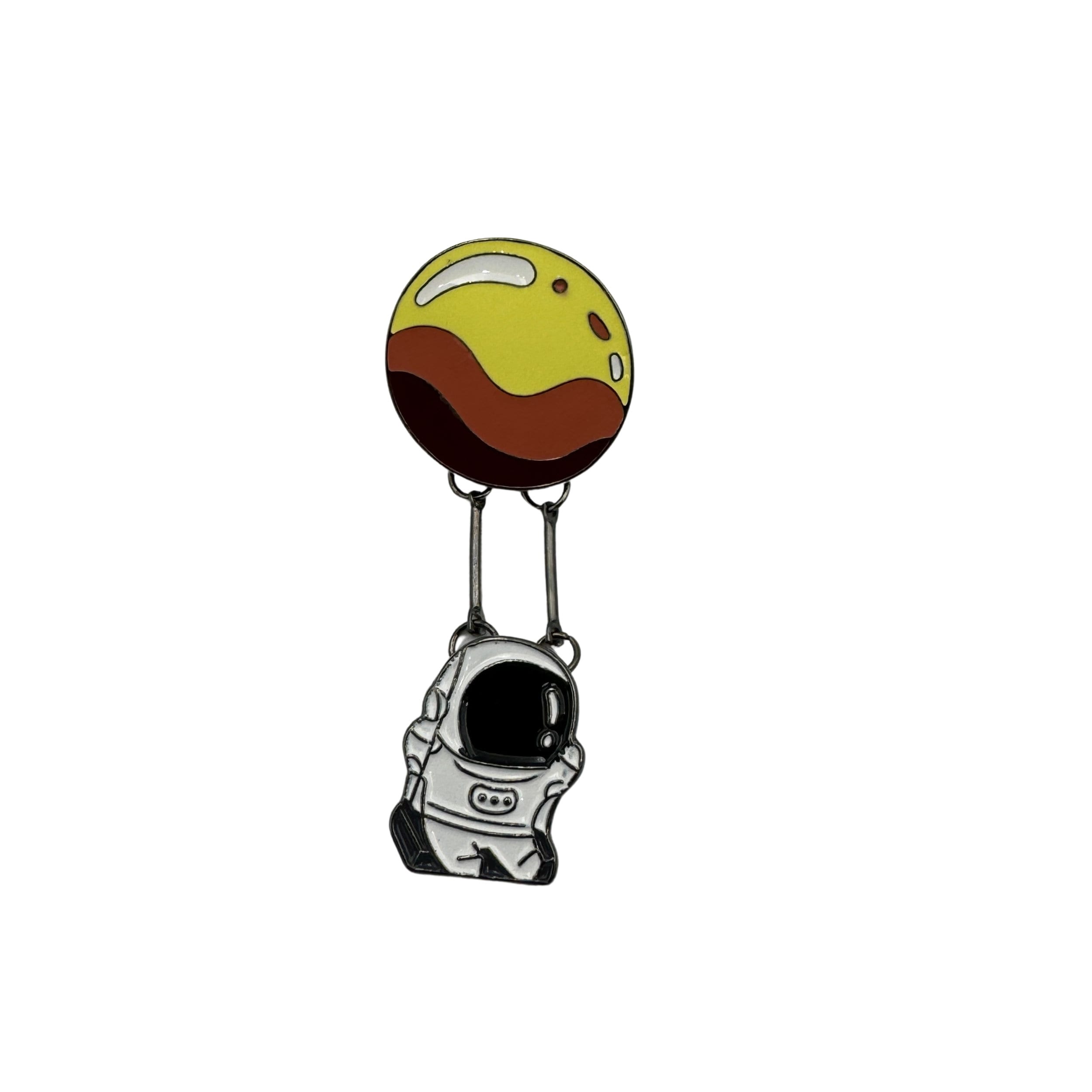 Astronaut Swinging from a Planet Enamel Pin Badge. Dangle Kawaii Space Science Brooch