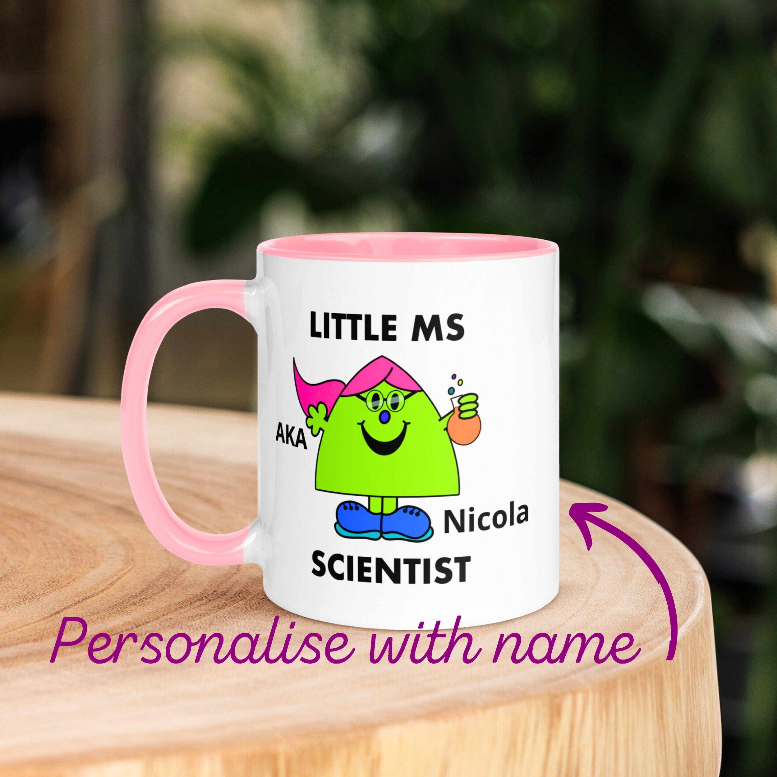 Personalised Woman Ms Scientist Mug with Colour Handle. Customise with Name and Design Science Gift. Pink