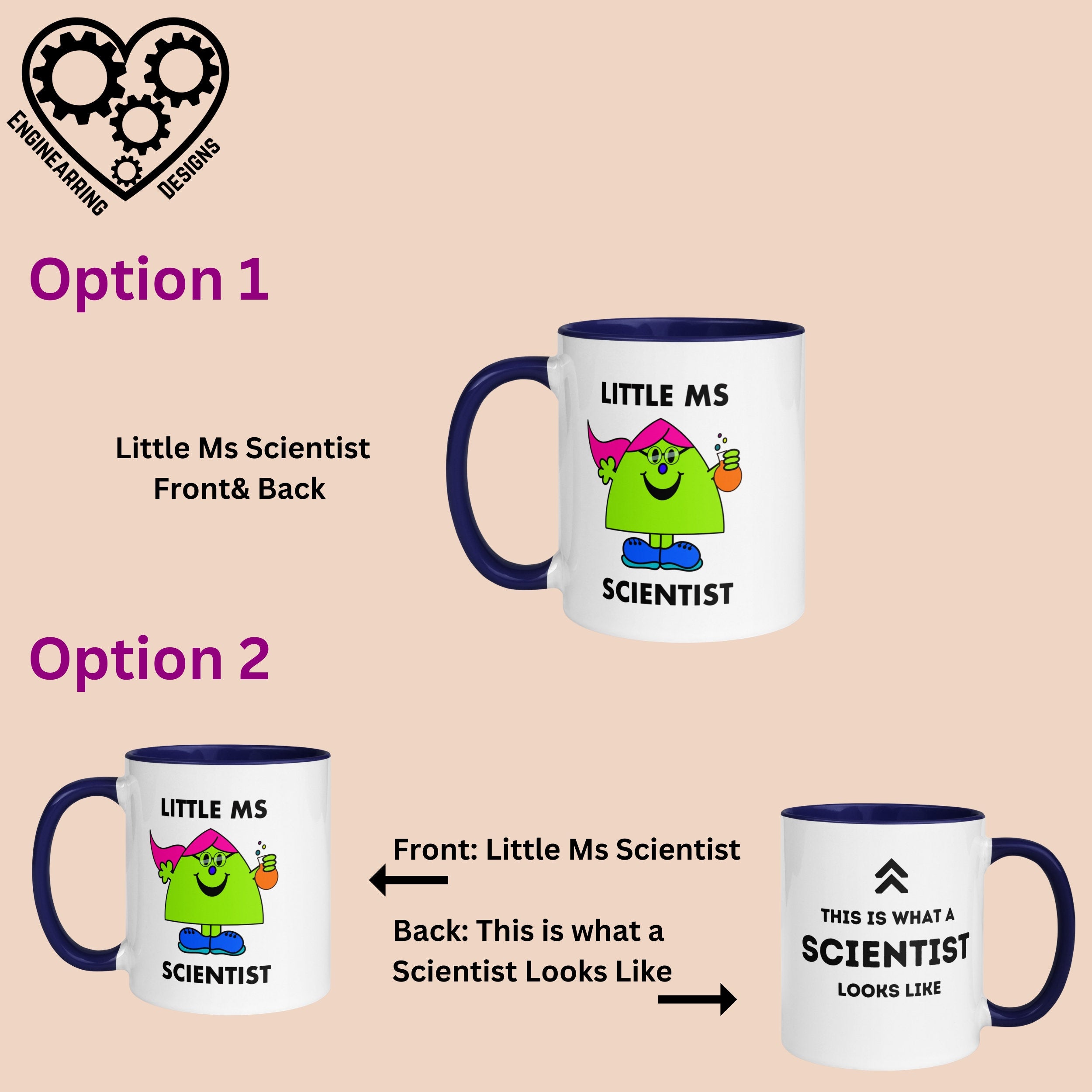 Personalised Woman Ms Scientist Mug with Colour Handle. Customise with Name and Design Science Gift.