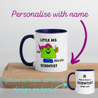 Personalised Woman Ms Scientist Mug with Colour Handle. Customise with Name and Design Science Gift. Dark Blue