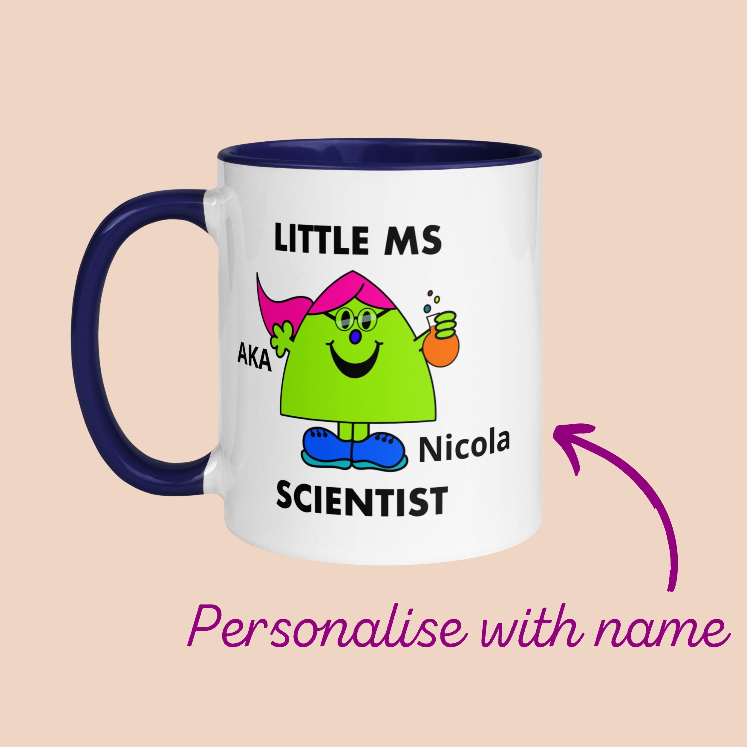 Personalised Woman Ms Scientist Mug with Colour Handle. Customise with Name and Design Science Gift.