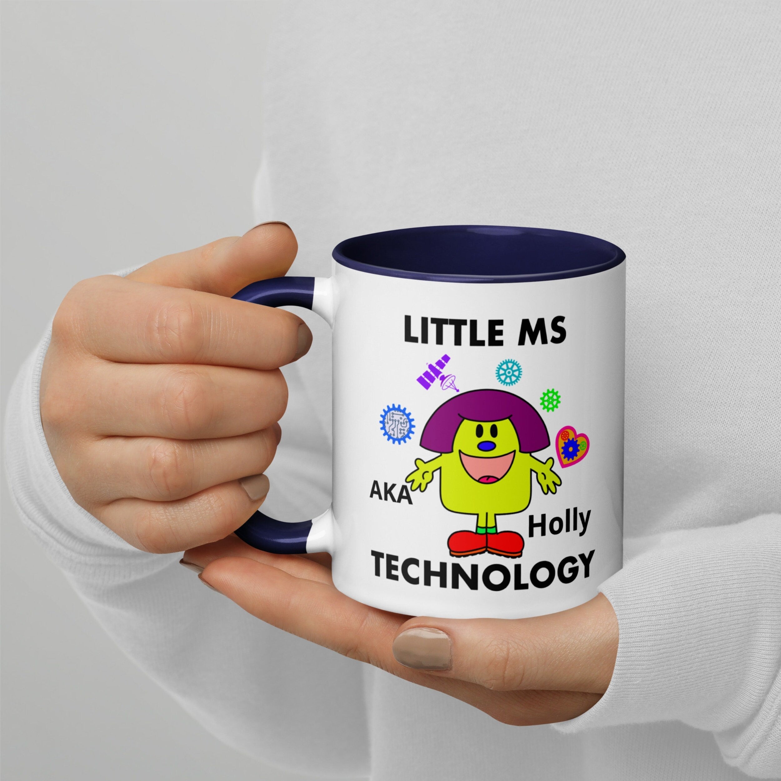 Personalised Woman Ms Technology Mug with Colour Handle. Customise with Name Tech Gift Dark Blue