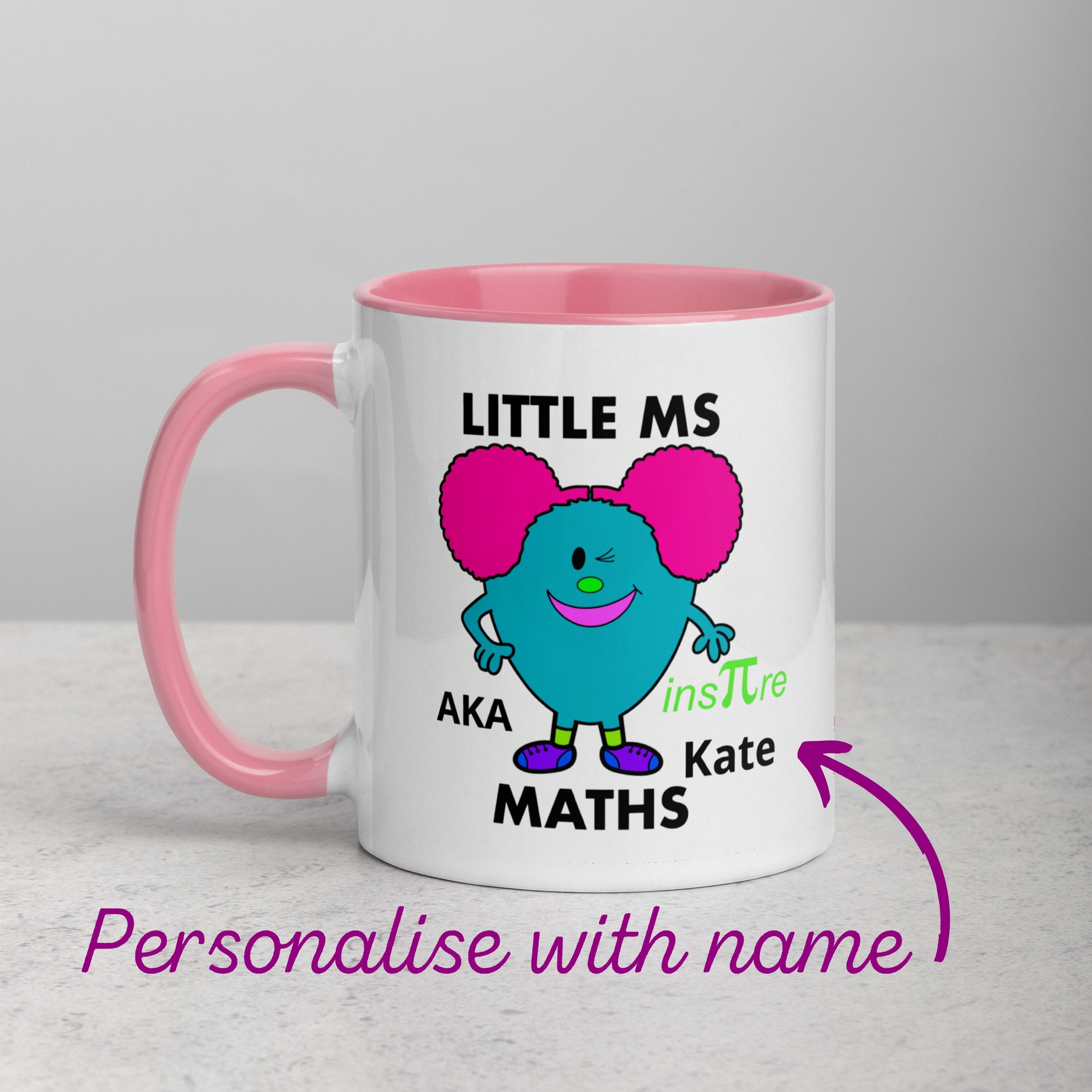 Personalised Woman Ms Maths Mug with Colour Handle. Customise with Name Mathematics Gift Pink