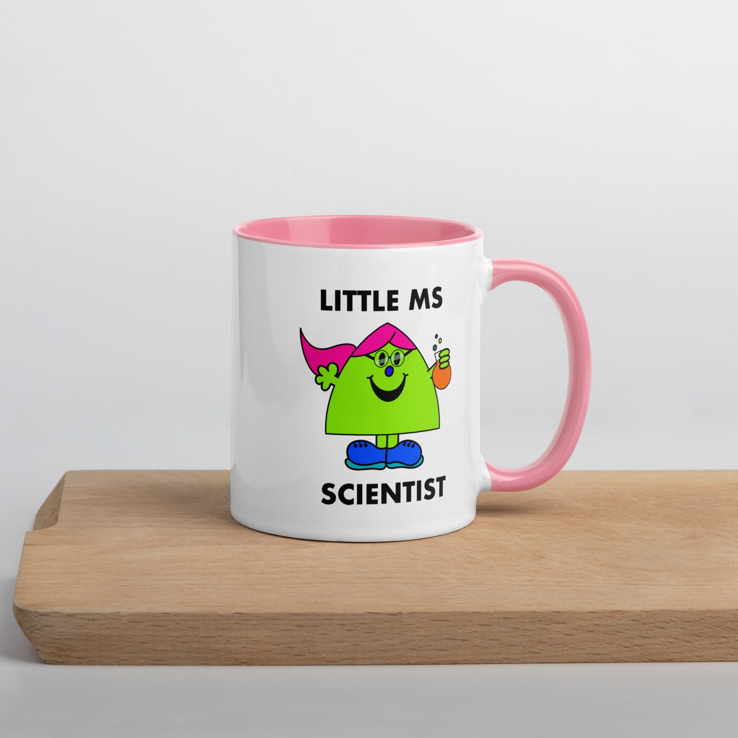 Personalised Woman Ms Scientist Mug with Colour Handle. Customise with Name and Design Science Gift.