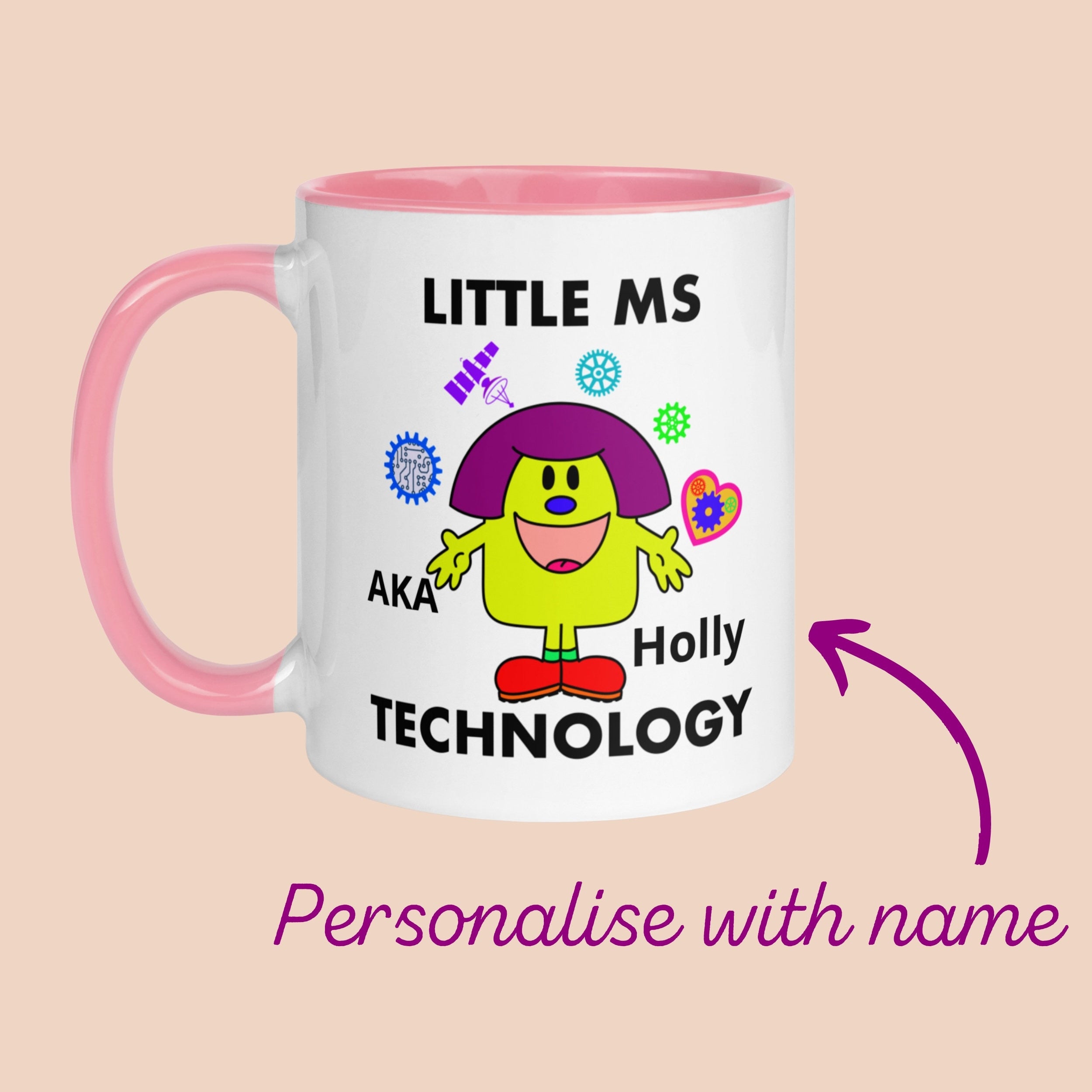 Personalised Woman Ms Technology Mug with Colour Handle. Customise with Name Tech Gift