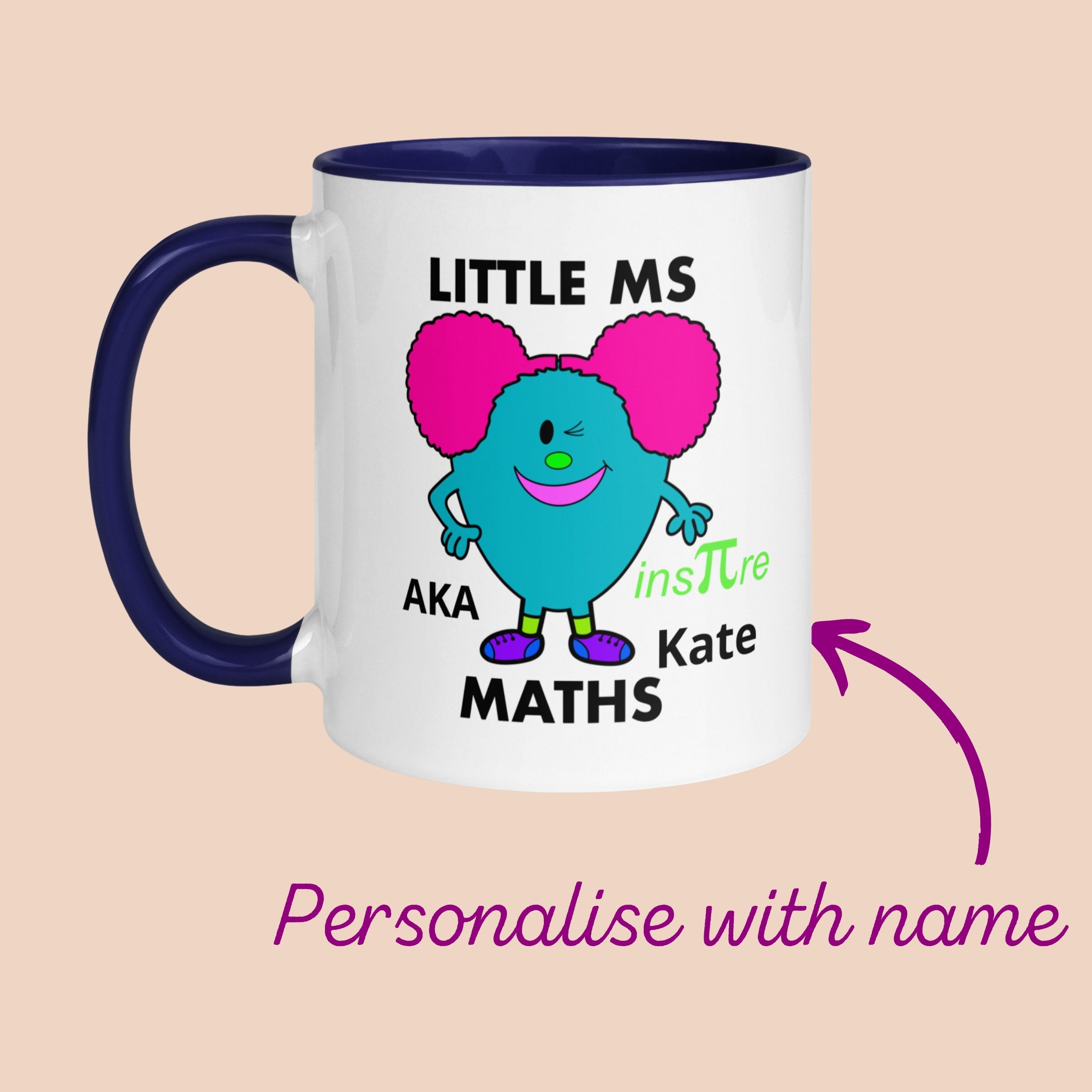 Personalised Woman Ms Maths Mug with Colour Handle. Customise with Name Mathematics Gift Dark Blue