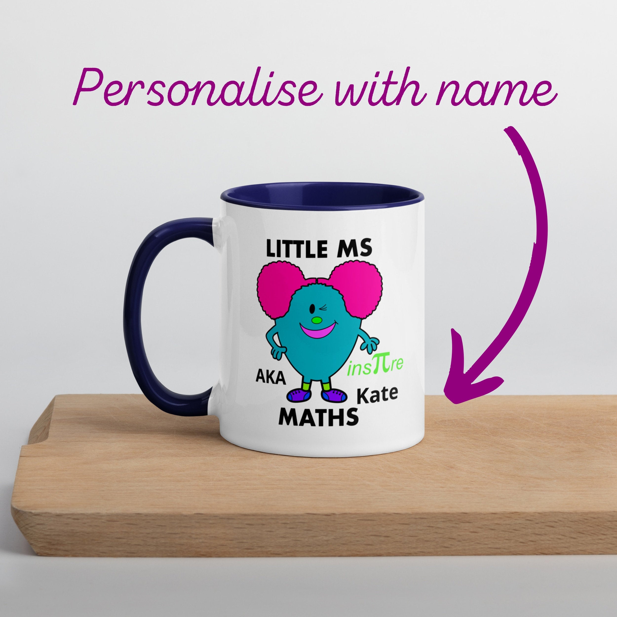 Personalised Woman Ms Maths Mug with Colour Handle. Customise with Name Mathematics Gift