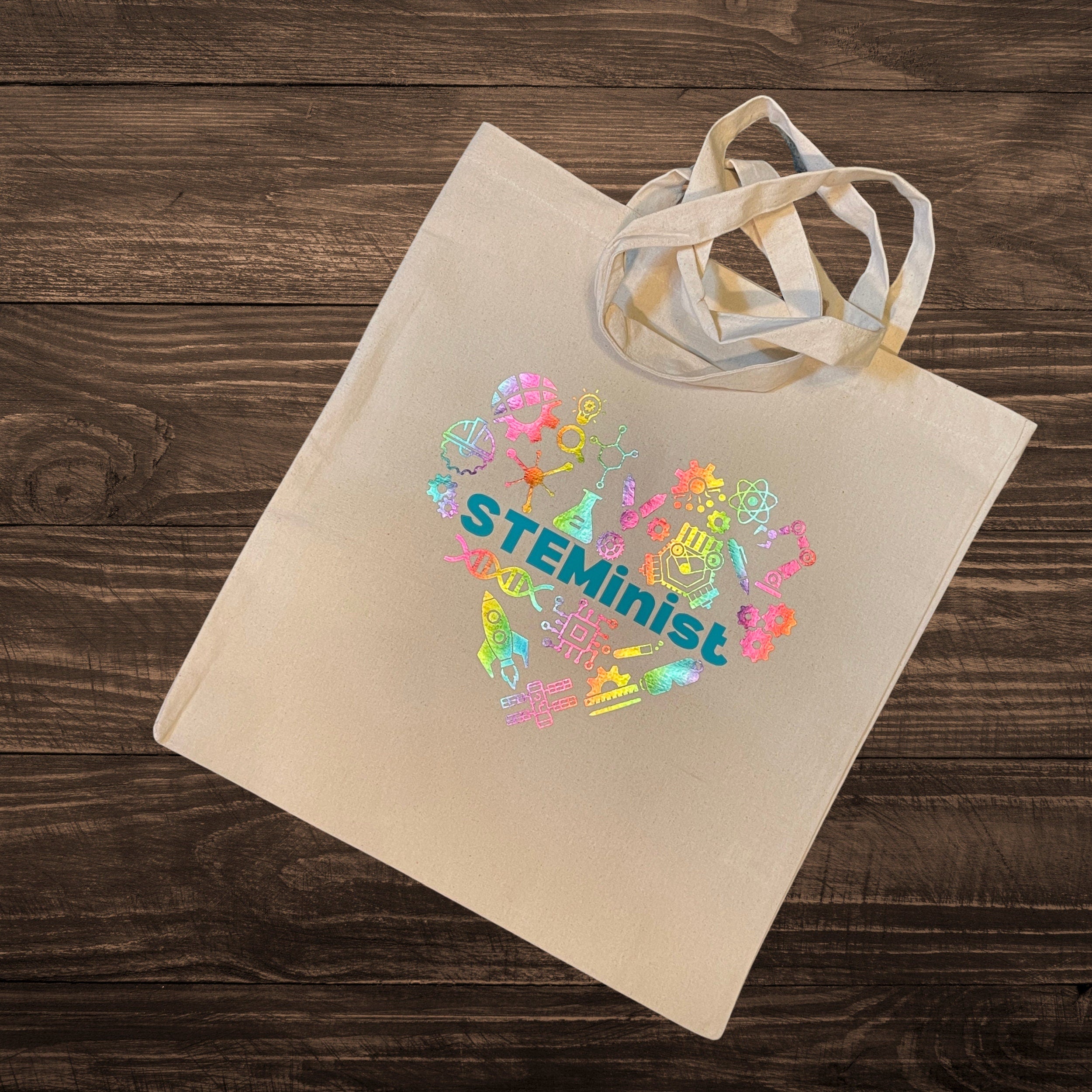 STEMinist Tote Bag. Thick woven metallic rainbow shopper. Science & Engineering Home Accessories. STEM Inspiration Office Gift. Natural