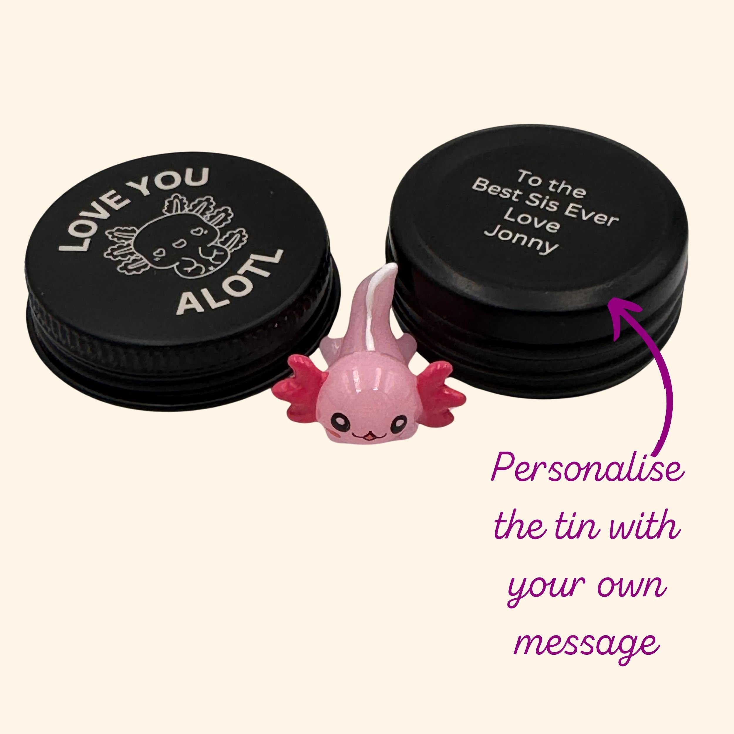 Personalised Axolotl Pocket Pal. Custom Marine Animal Buddy in a Tin. I love you alotl mini tin pet. Laser engraved small pal.