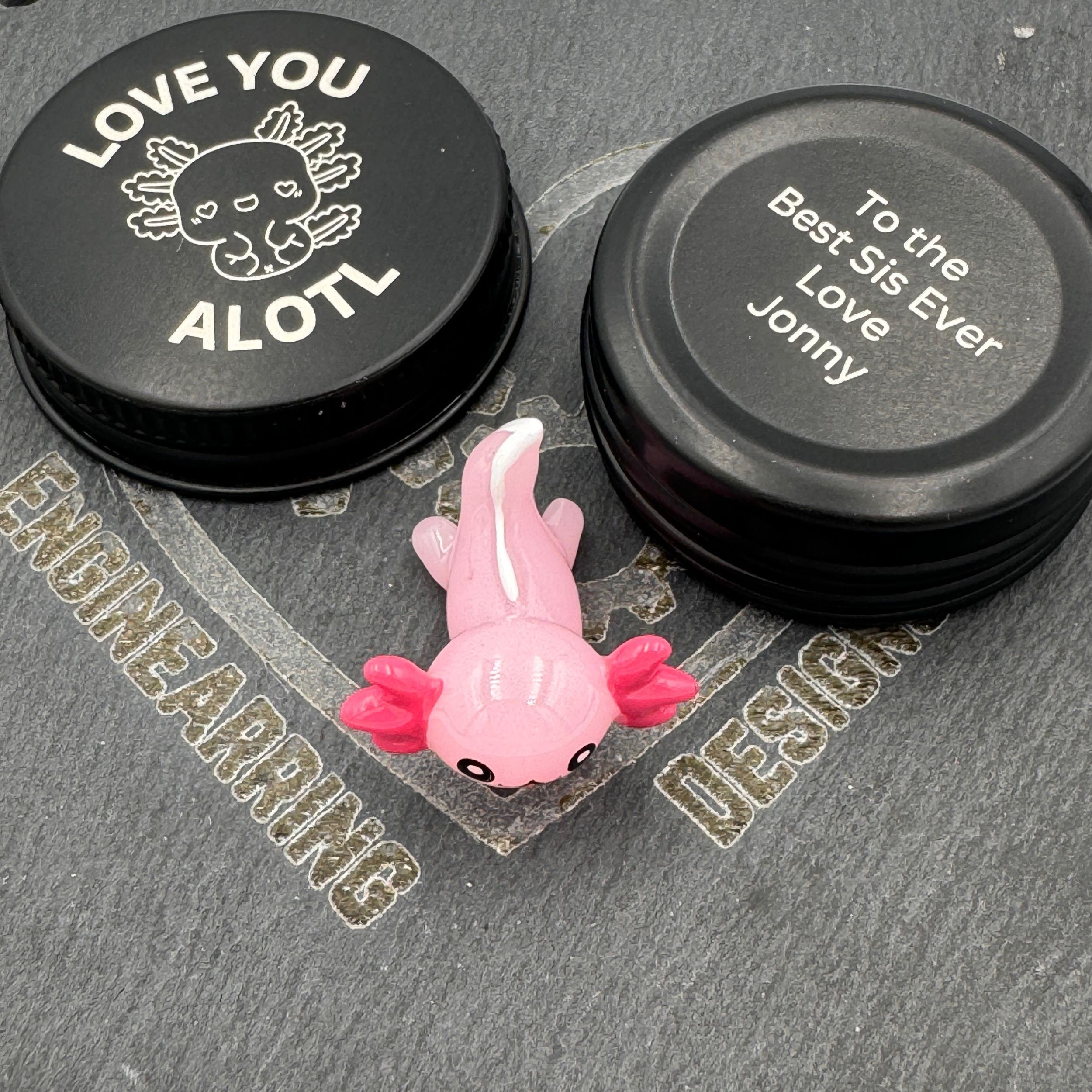 Personalised Axolotl Pocket Pal. Custom Marine Animal Buddy in a Tin. I love you alotl mini tin pet. Laser engraved small pal.