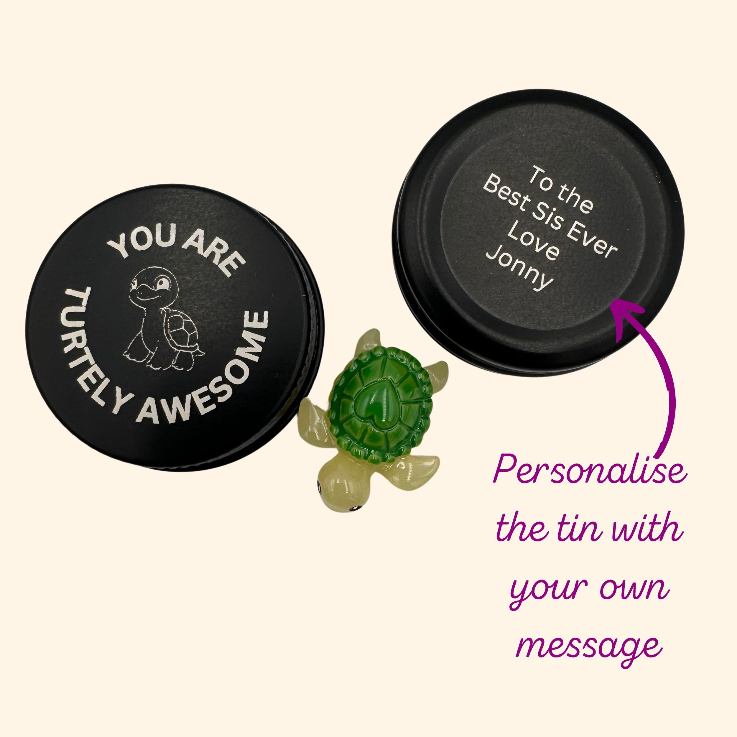 Personalised Turtle Pocket Pal. Custom Marine Animal Buddy in a Tin. You are Turtely Awesome mini tin pet. Laser engraved small pal.