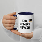 Personalised PhD Researcher Mug with Colour Handle and Inside. Customised Mug with name and thesis research topic. Graduation Gift Mug. Dark Blue