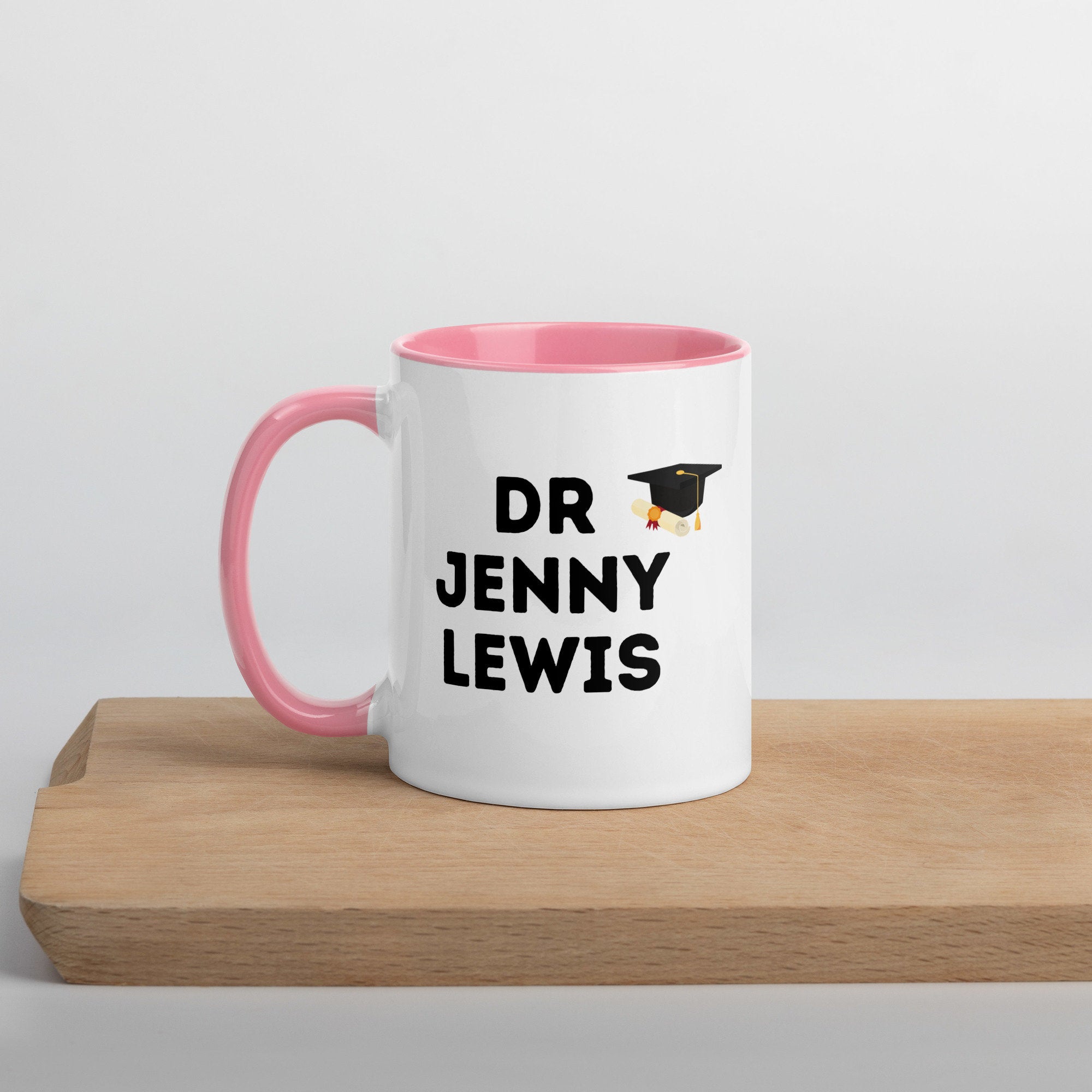 Personalised PhD Researcher Mug with Colour Handle and Inside. Customised Mug with name and thesis research topic. Graduation Gift Mug. Pink