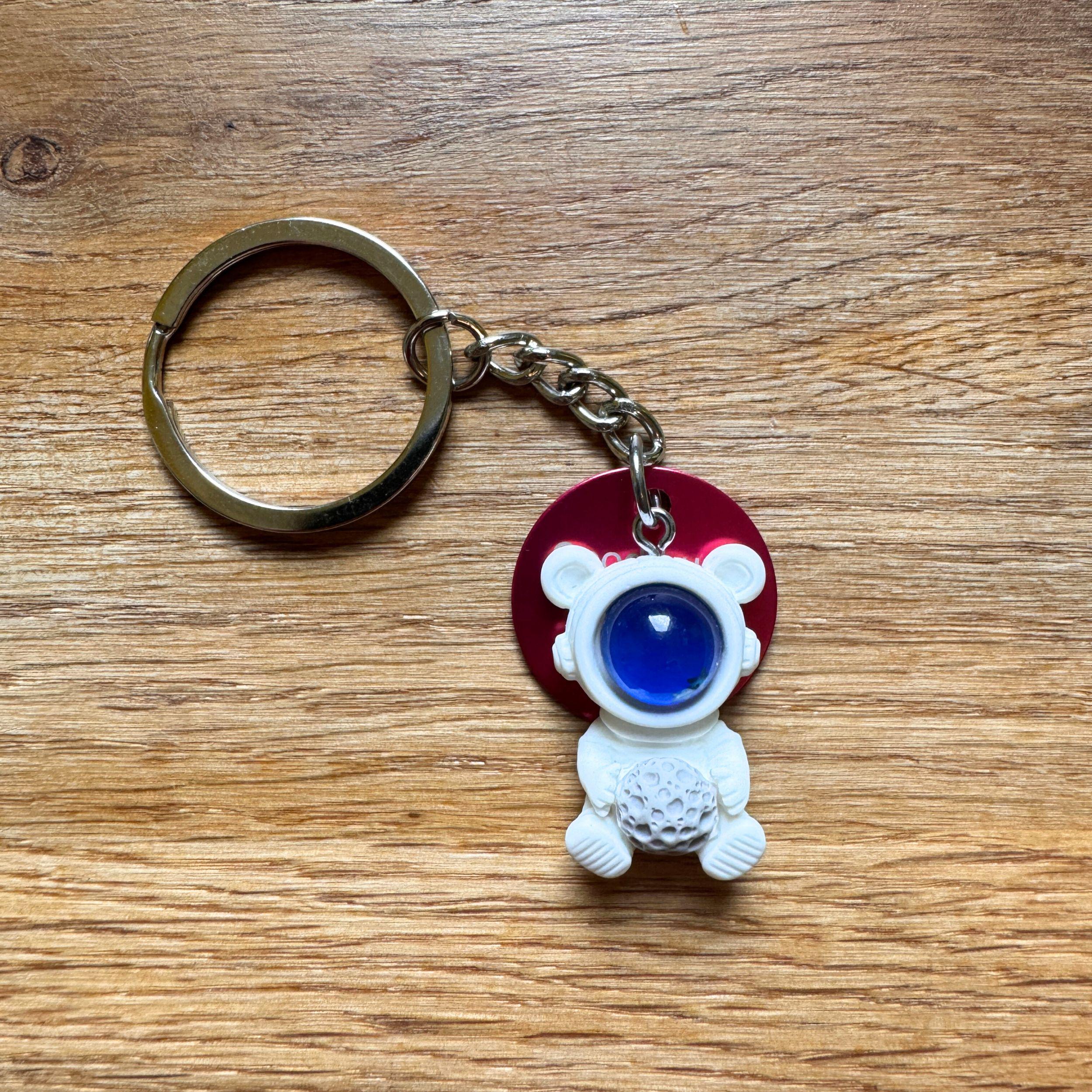 Cute Kawaii Bear Astronaut with Space Rock Personalised Keyring. Customised Space Teddy Keychain