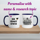 Personalised PhD Researcher Mug with Colour Handle and Inside. Customised Mug with name and thesis research topic. Graduation Gift Mug.