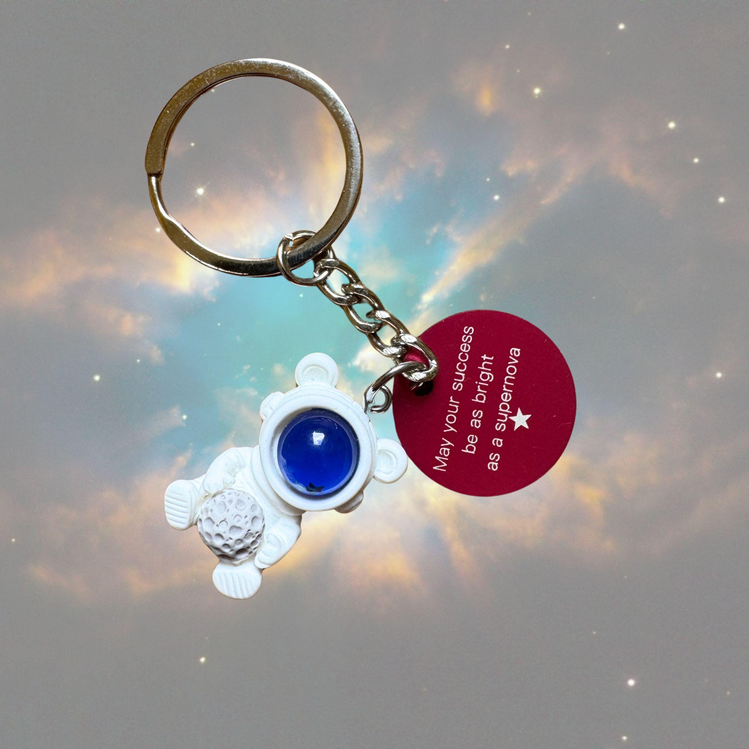 Cute Kawaii Bear Astronaut with Space Rock Personalised Keyring. Customised Space Teddy Keychain