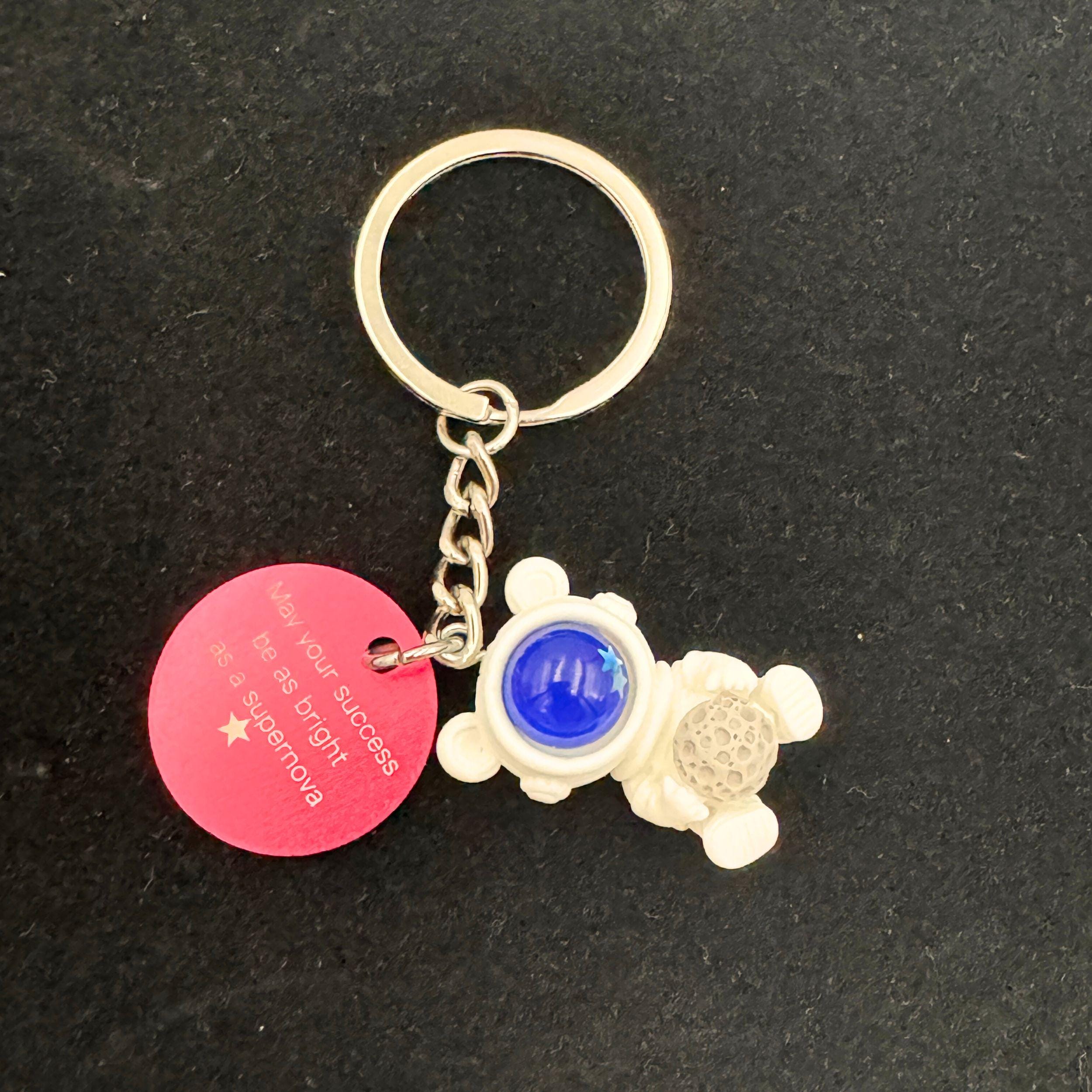 Cute Kawaii Bear Astronaut with Space Rock Personalised Keyring. Customised Space Teddy Keychain