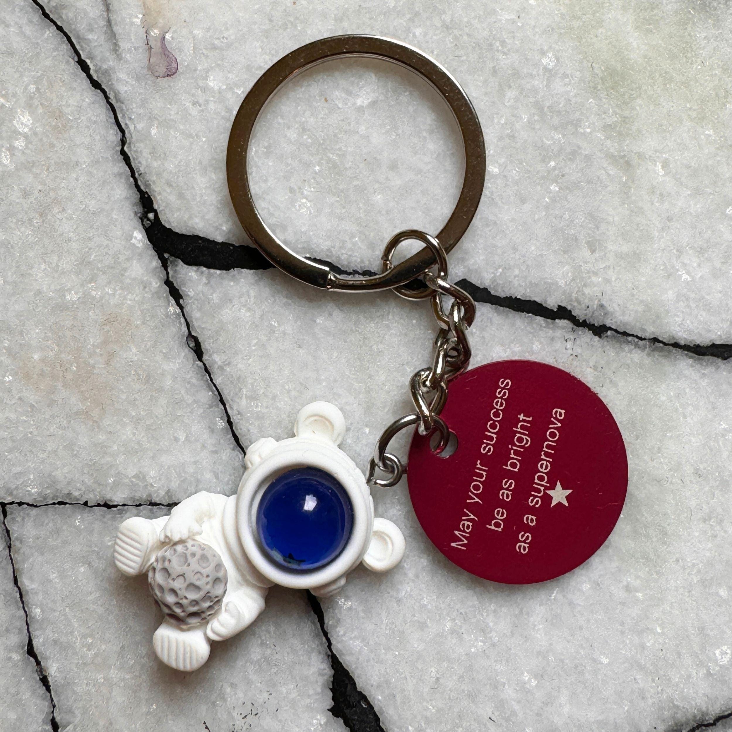 Cute Kawaii Bear Astronaut with Space Rock Personalised Keyring. Customised Space Teddy Keychain