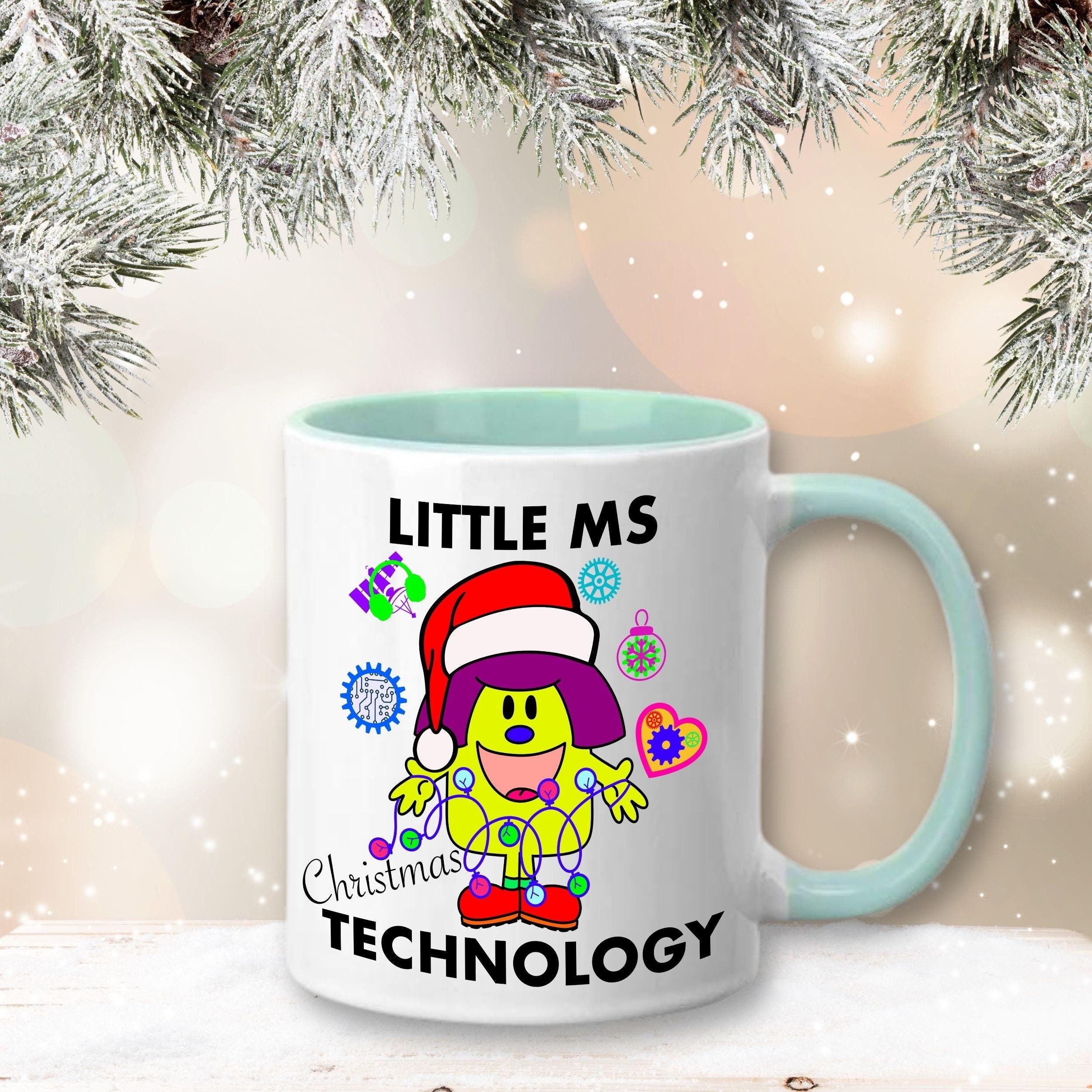 Personalised Christmas Tech Mug with Colour Handle and Inside. Women in Technology Xmas Mug. Customised Mug with name Mint