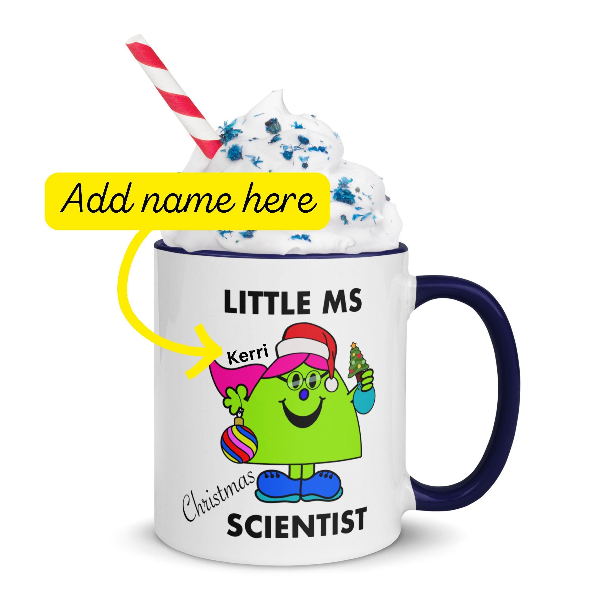 Personalised Christmas Scientist Mug with Colour Handle and Inside. Women in Science Xmas Mug. Customised Mug with name