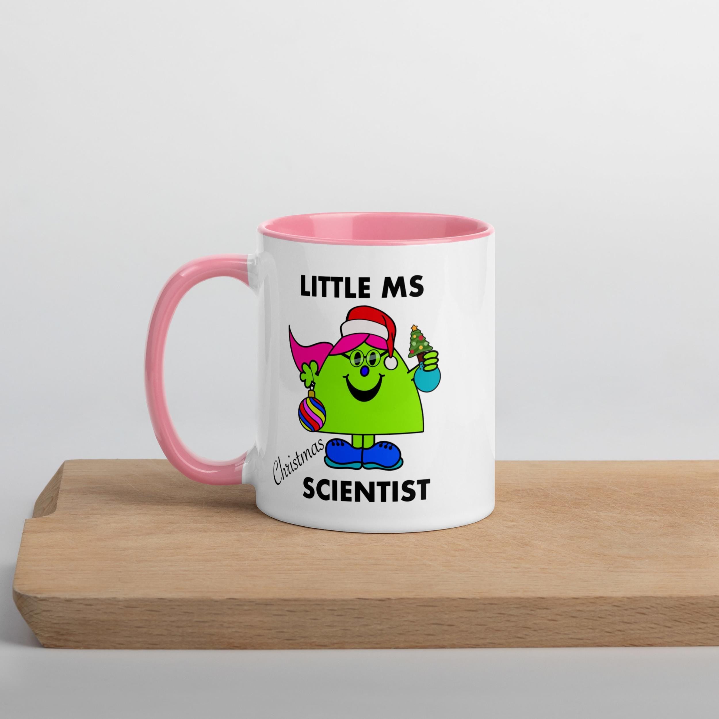 Personalised Christmas Scientist Mug with Colour Handle and Inside. Women in Science Xmas Mug. Customised Mug with name