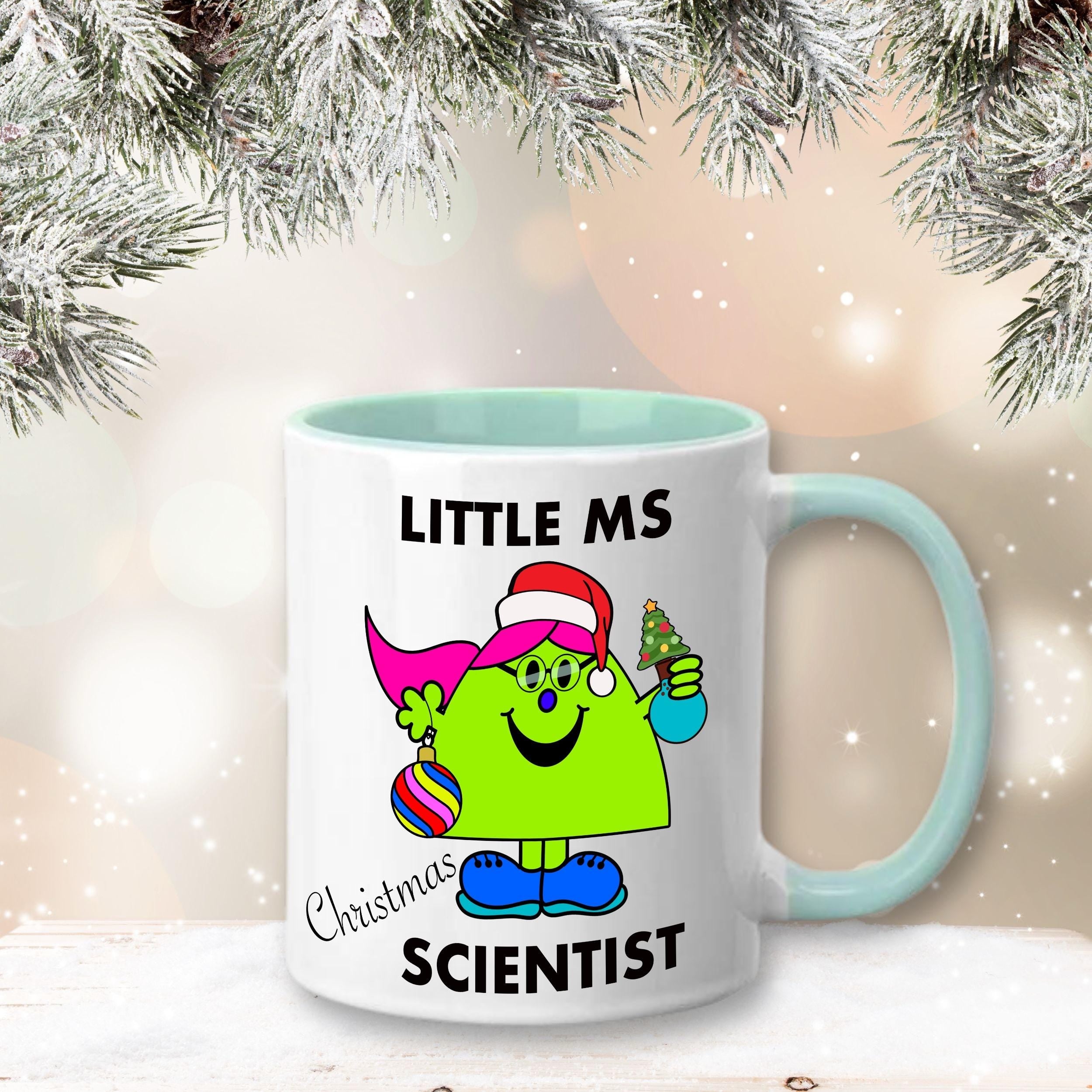 Personalised Christmas Scientist Mug with Colour Handle and Inside. Women in Science Xmas Mug. Customised Mug with name Mint