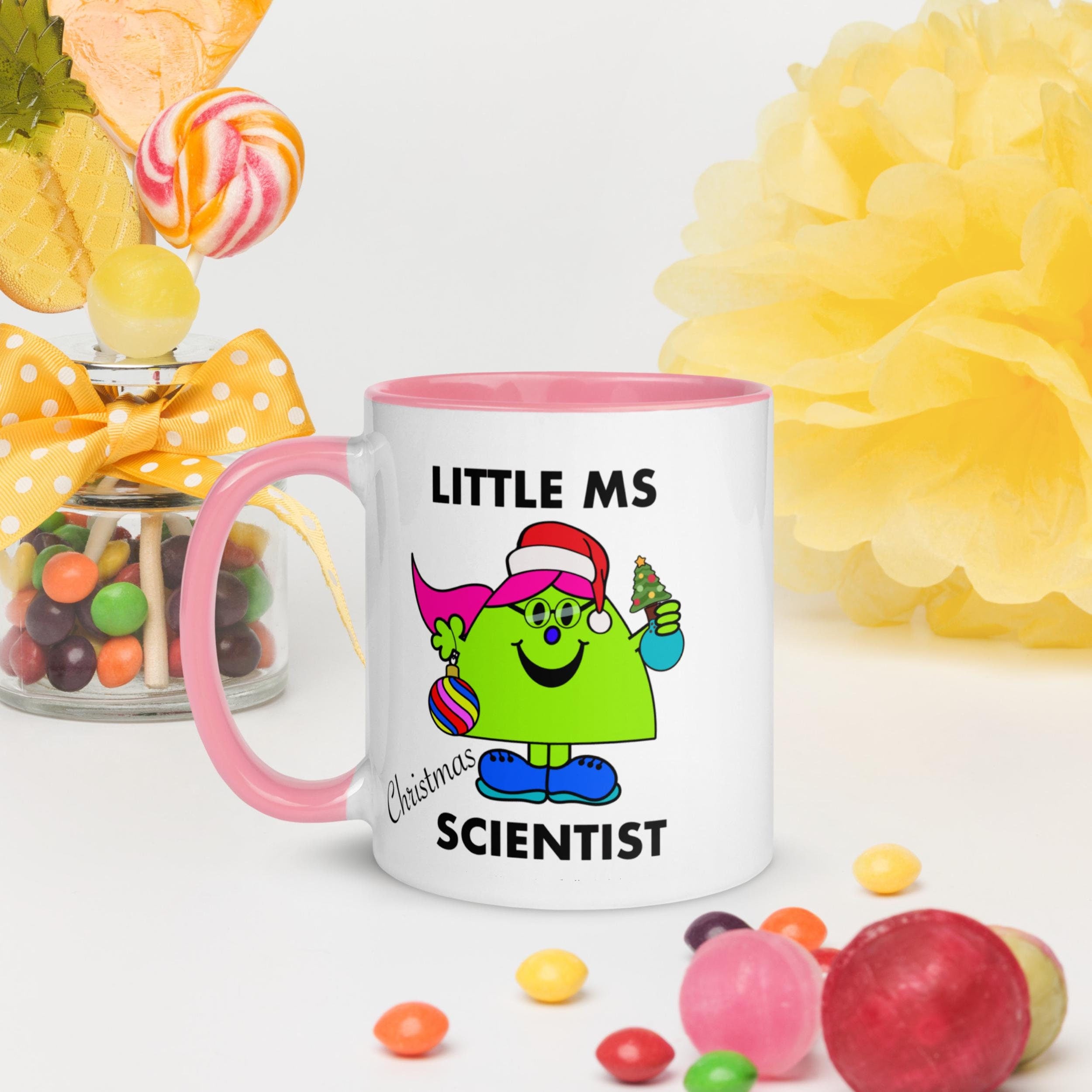 Personalised Christmas Scientist Mug with Colour Handle and Inside. Women in Science Xmas Mug. Customised Mug with name