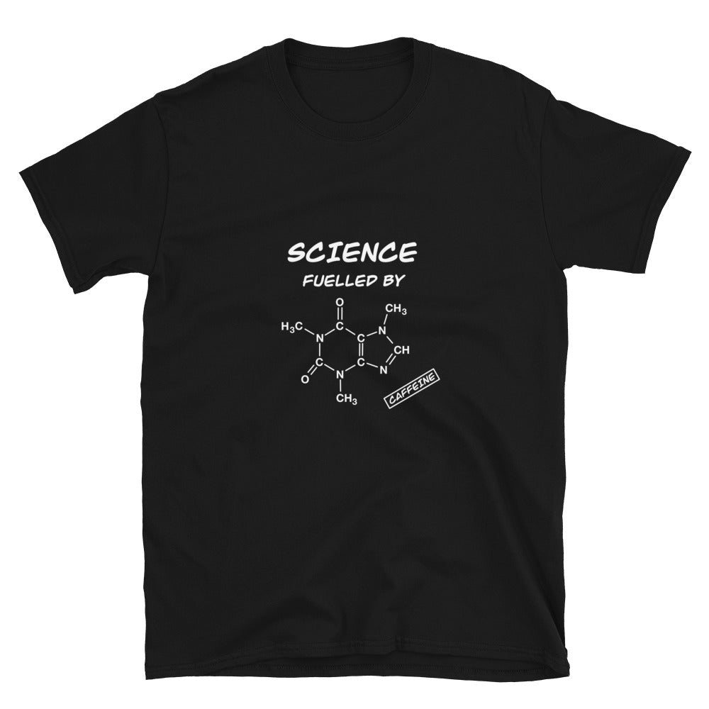 Science fuelled by Caffeine Original T-shirt. Caffeine Molecule Scientist Top Black