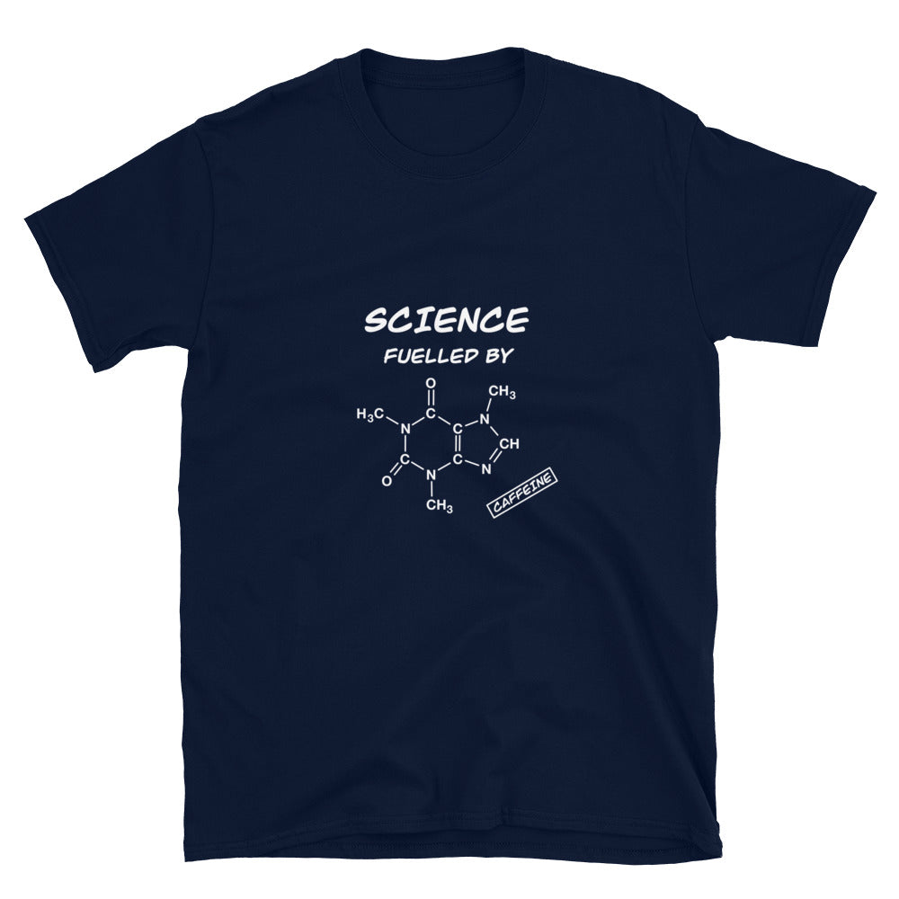 Science fuelled by Caffeine Original T-shirt. Caffeine Molecule Scientist Top Navy