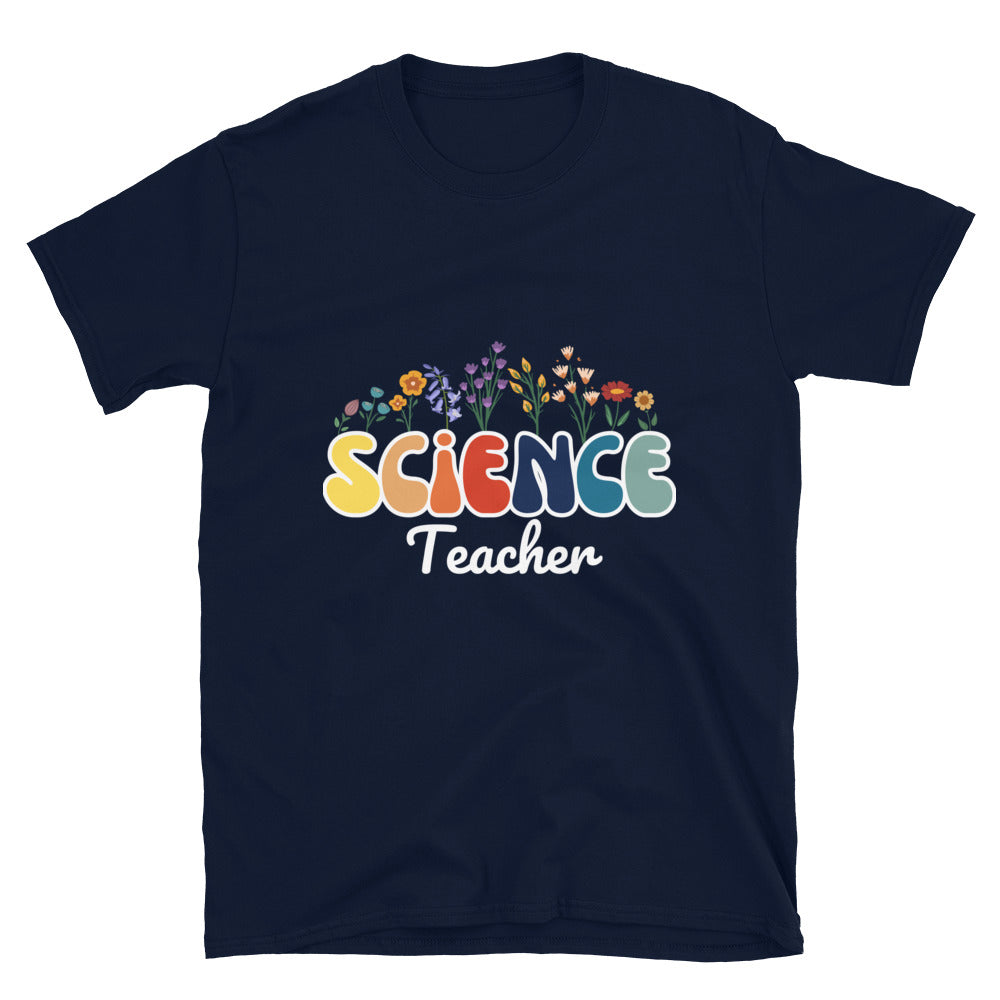 Retro Wildflowers Science Teacher T-shirt Navy