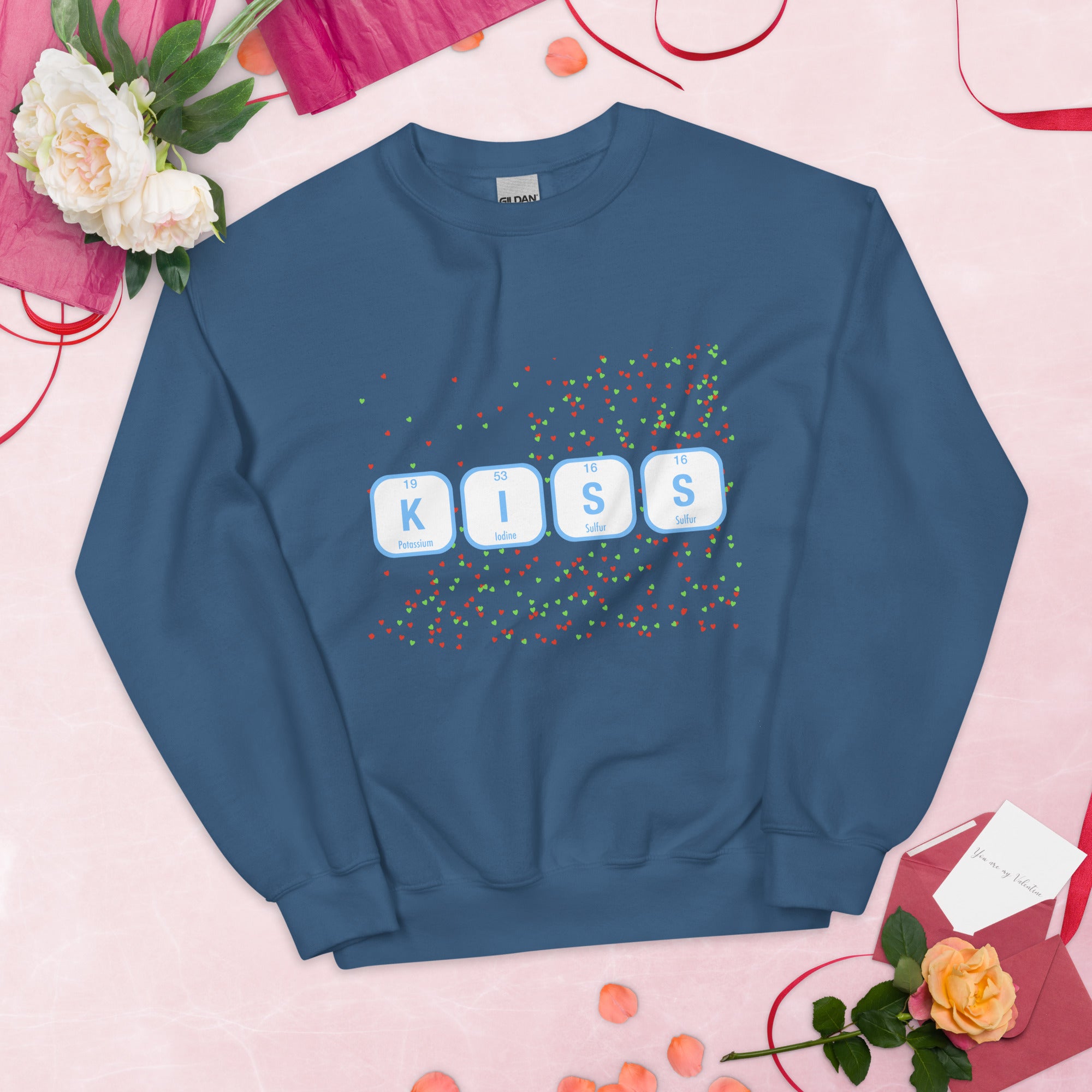 KISS Periodic Table Elements with mini hearts Sweatshirt. Geeky Valentine's Gift Indigo Blue