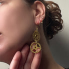 Gold Double Dangle Steampunk Statement Earrings with Cogs